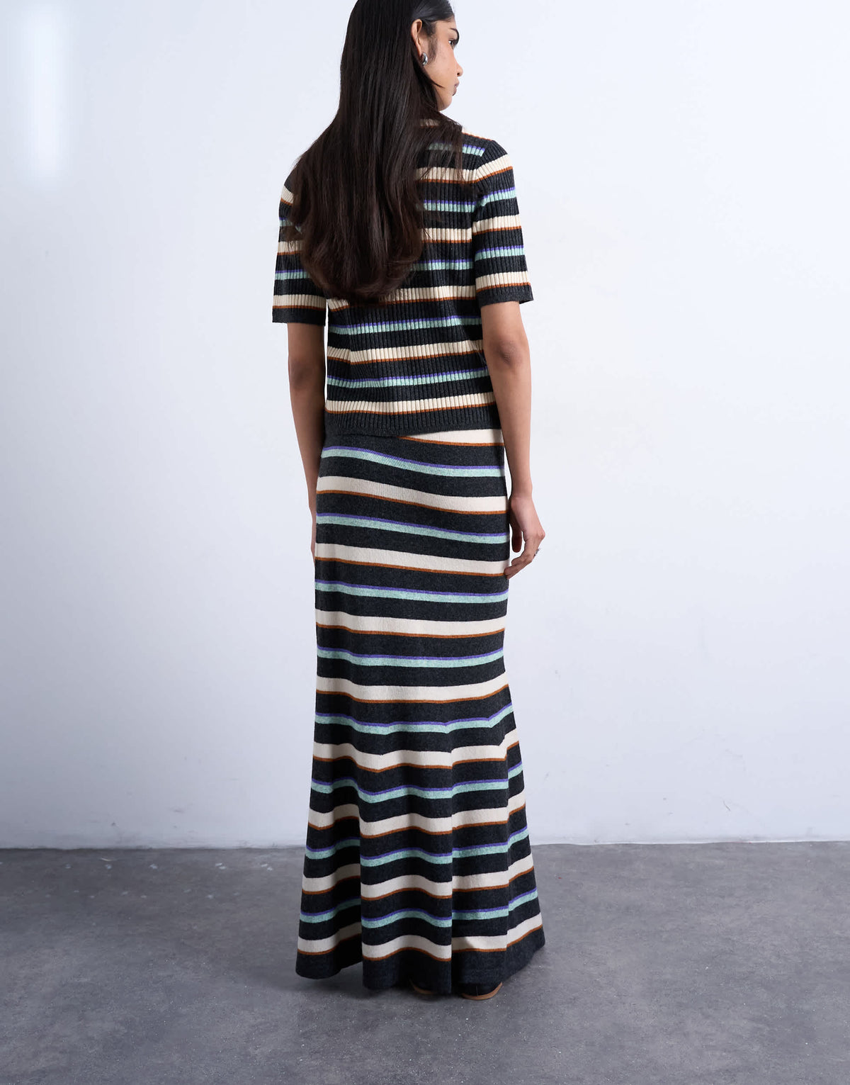 Topshop knitted ribbed multi stripe co-ord skirt in burgundy