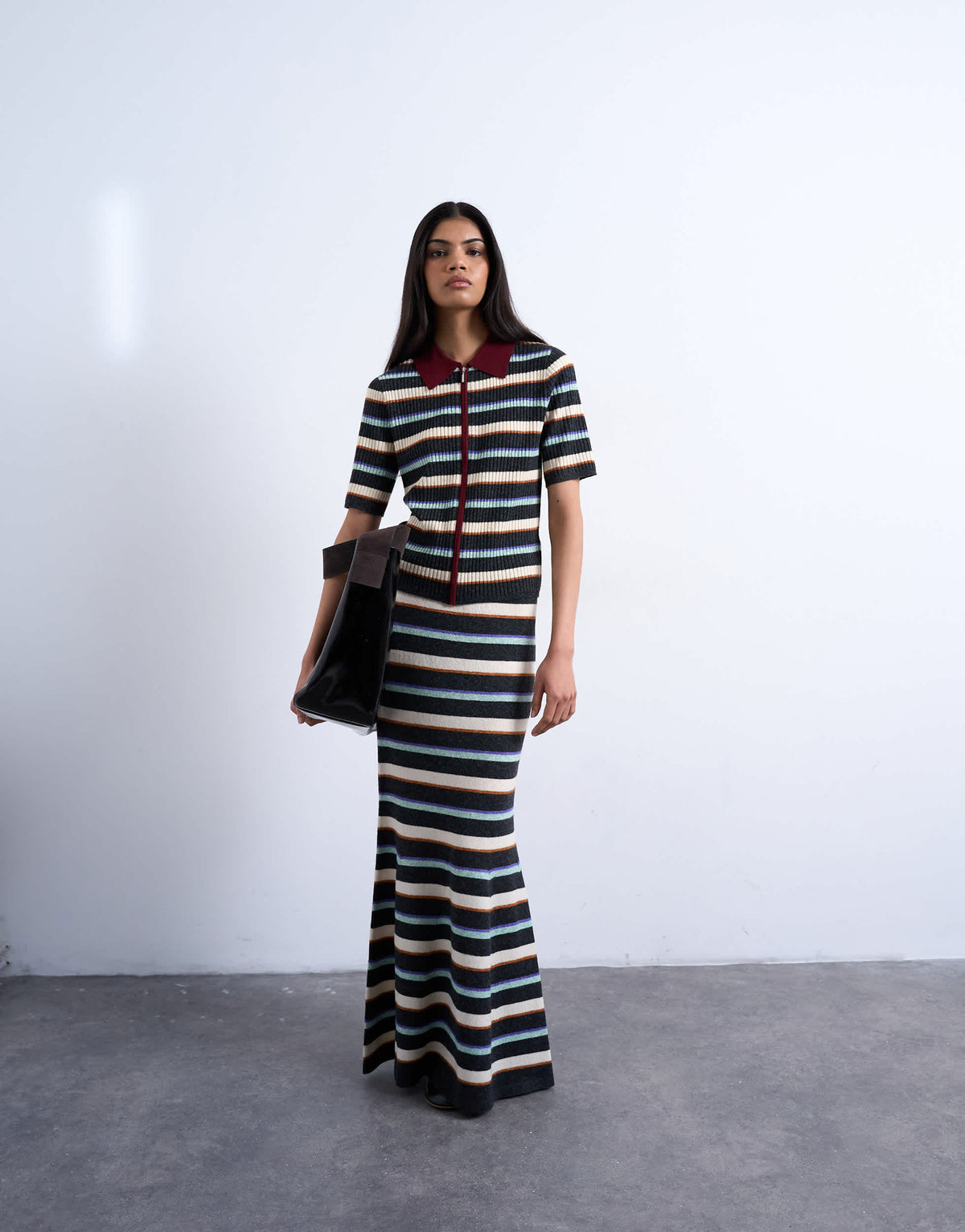 Topshop knitted ribbed multi stripe co-ord skirt in burgundy