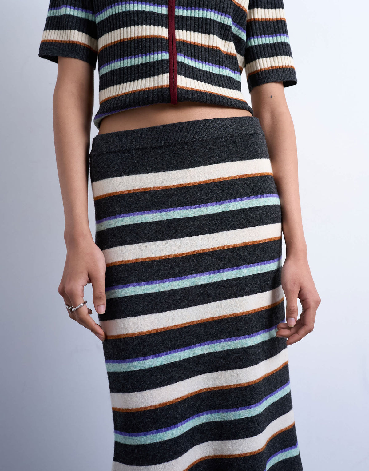 Topshop knitted ribbed multi stripe co-ord skirt in burgundy
