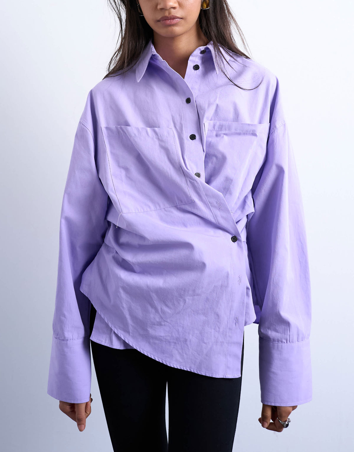 Topshop asymmetric placket waisted long sleeve cinched shirt in purple