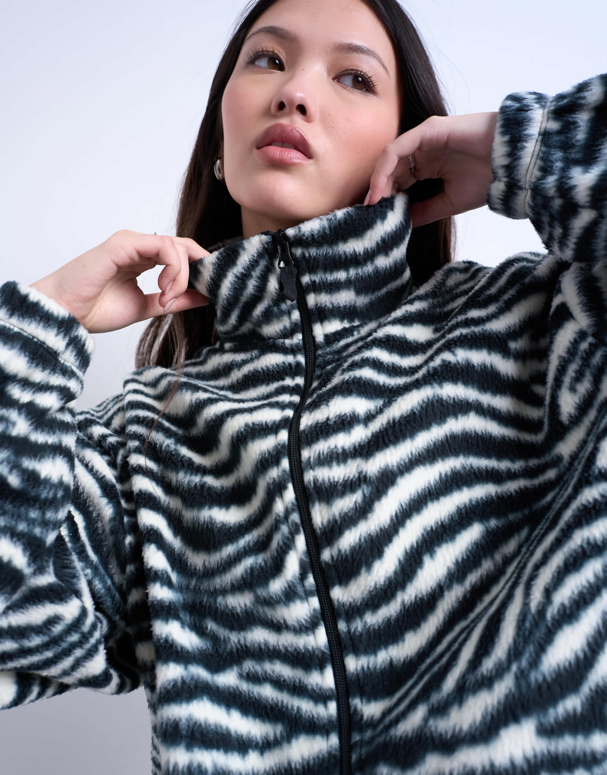 Topshop borg zebra print zip through fleece in monochrome