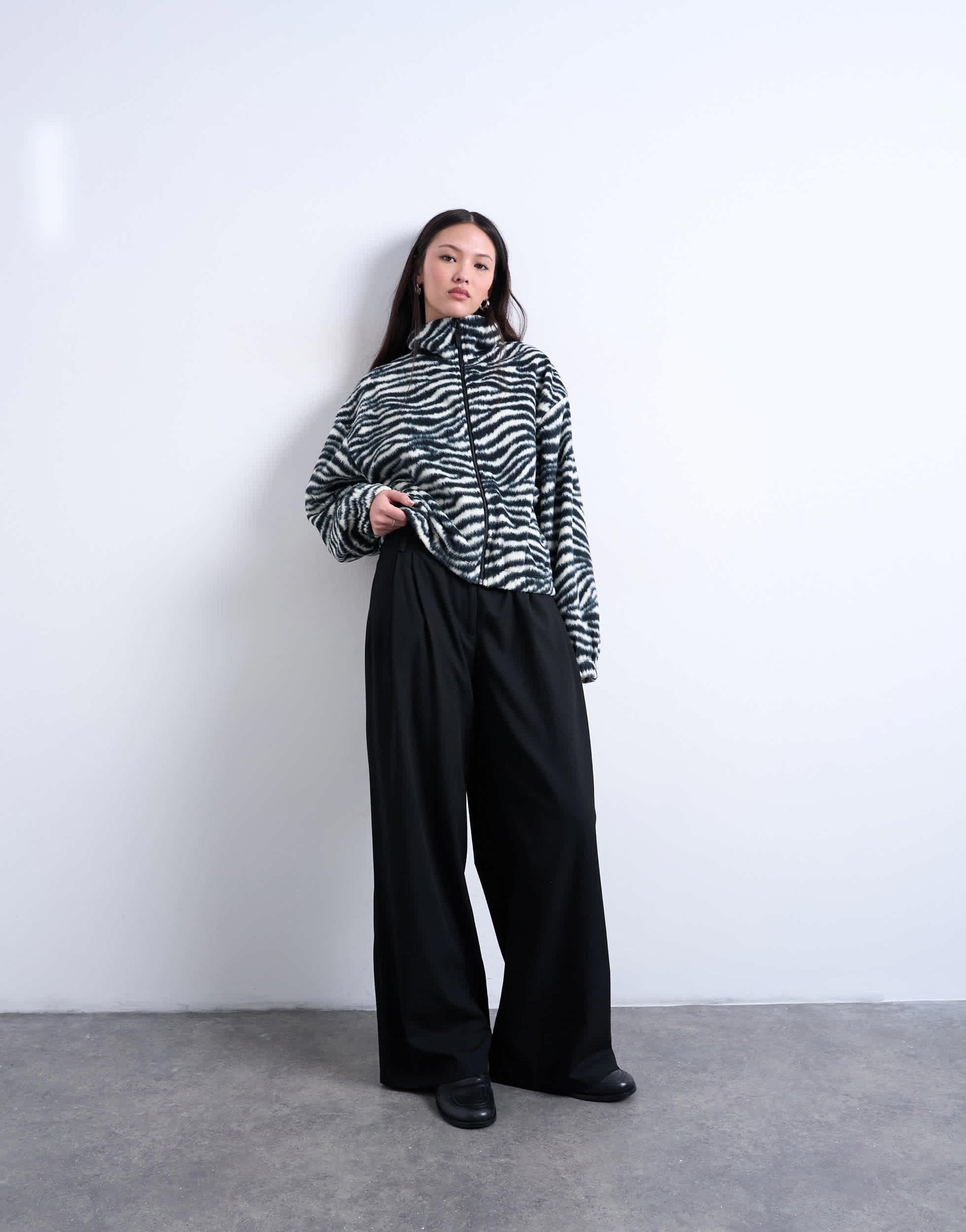 Topshop borg zebra print zip through fleece in monochrome