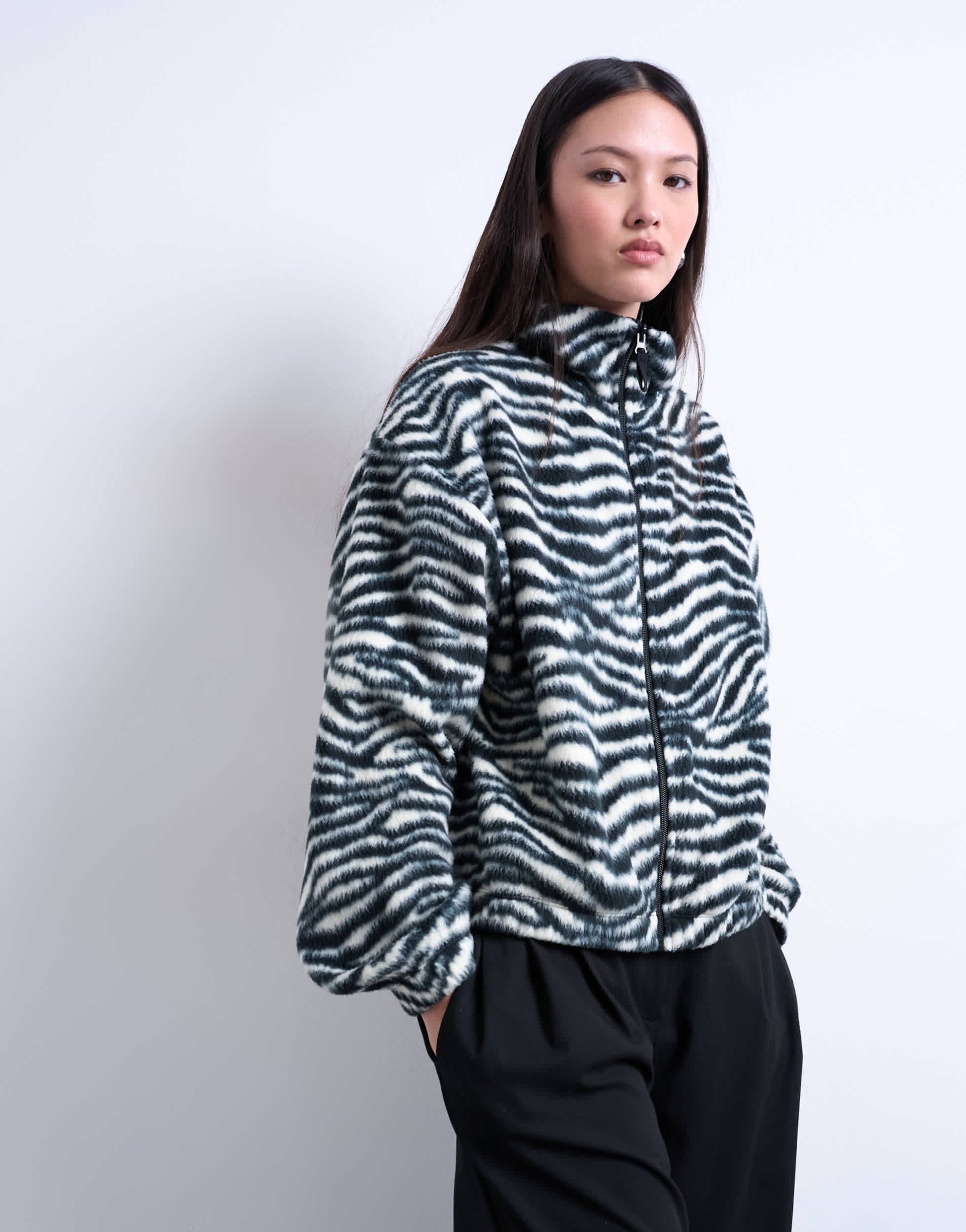 Topshop borg zebra print zip through fleece in monochrome