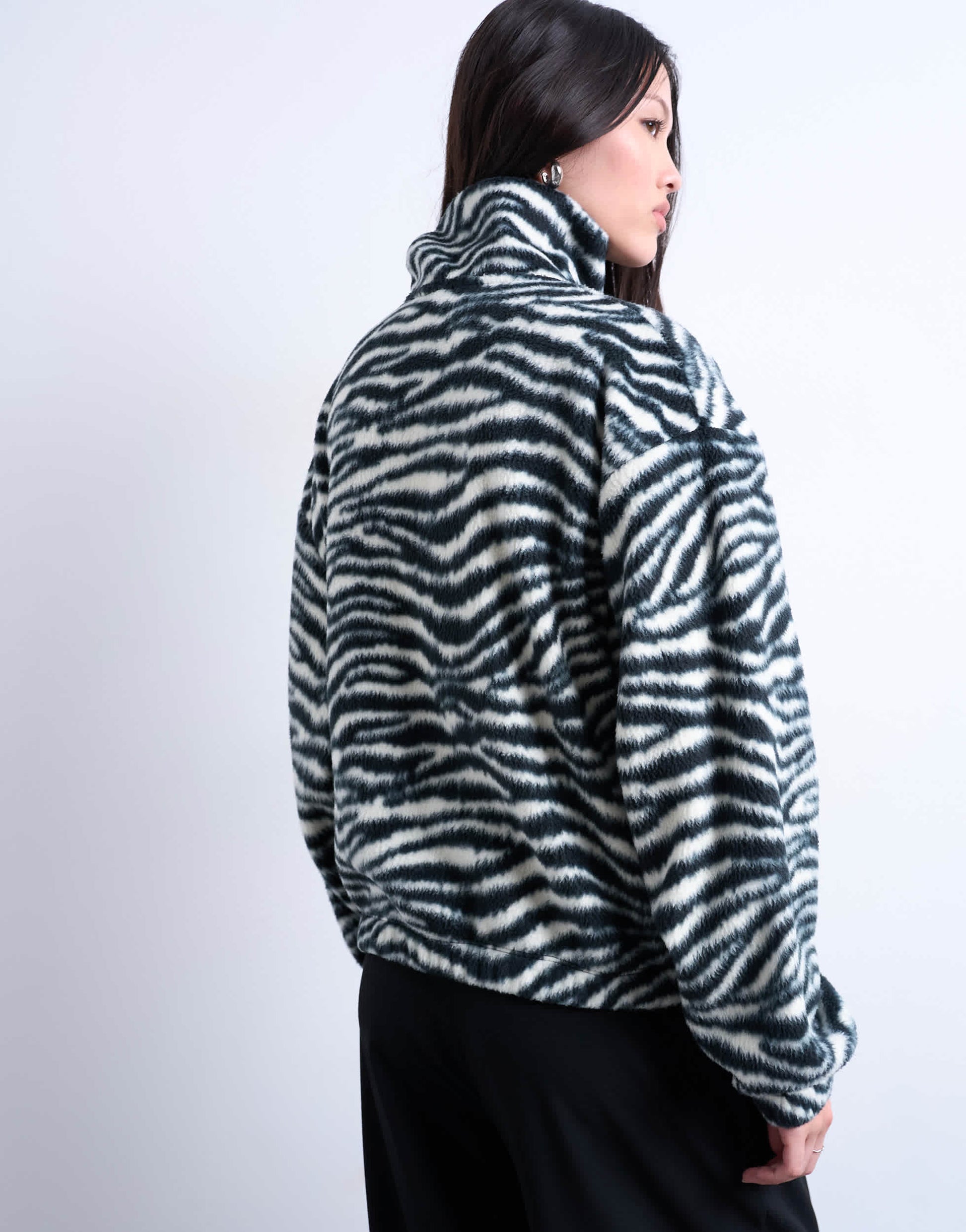 Topshop borg zebra print zip through fleece in monochrome