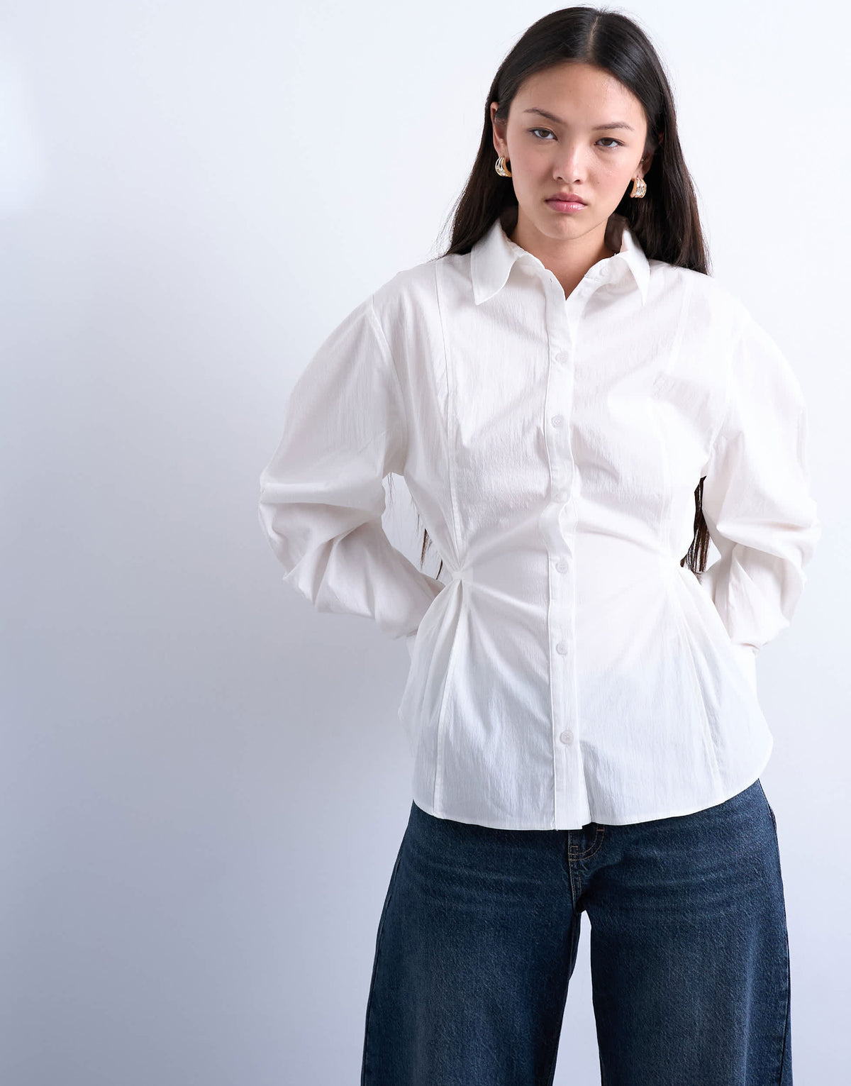 Topshop tie back waist long sleeve shirt in ivory