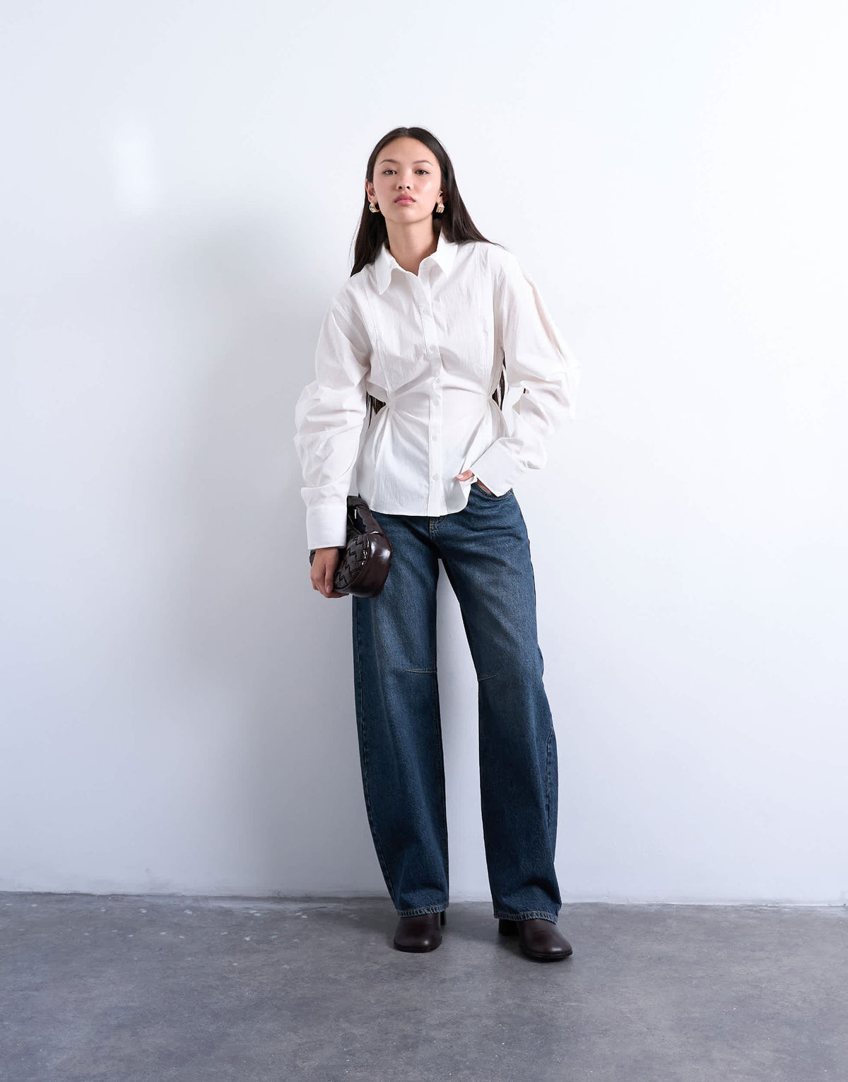 Topshop tie back waist long sleeve shirt in ivory