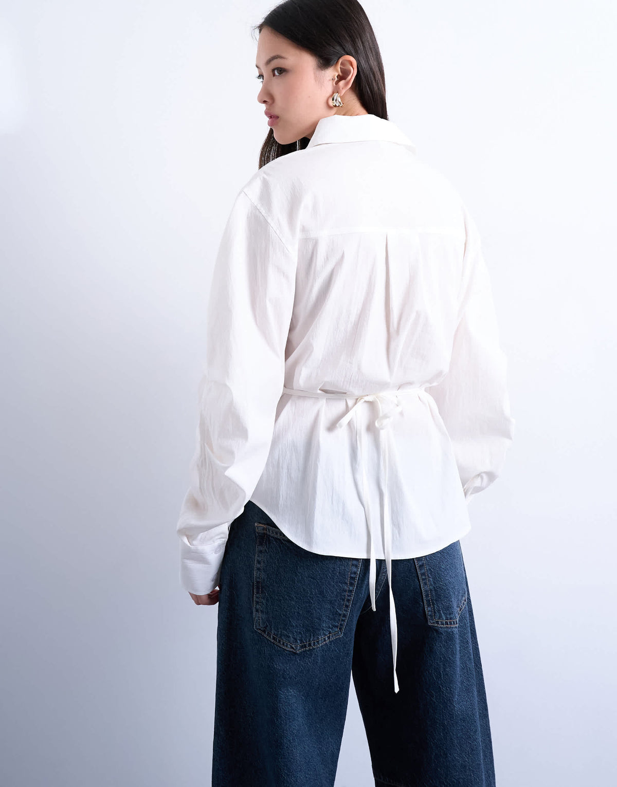 Topshop tie back waist long sleeve shirt in ivory