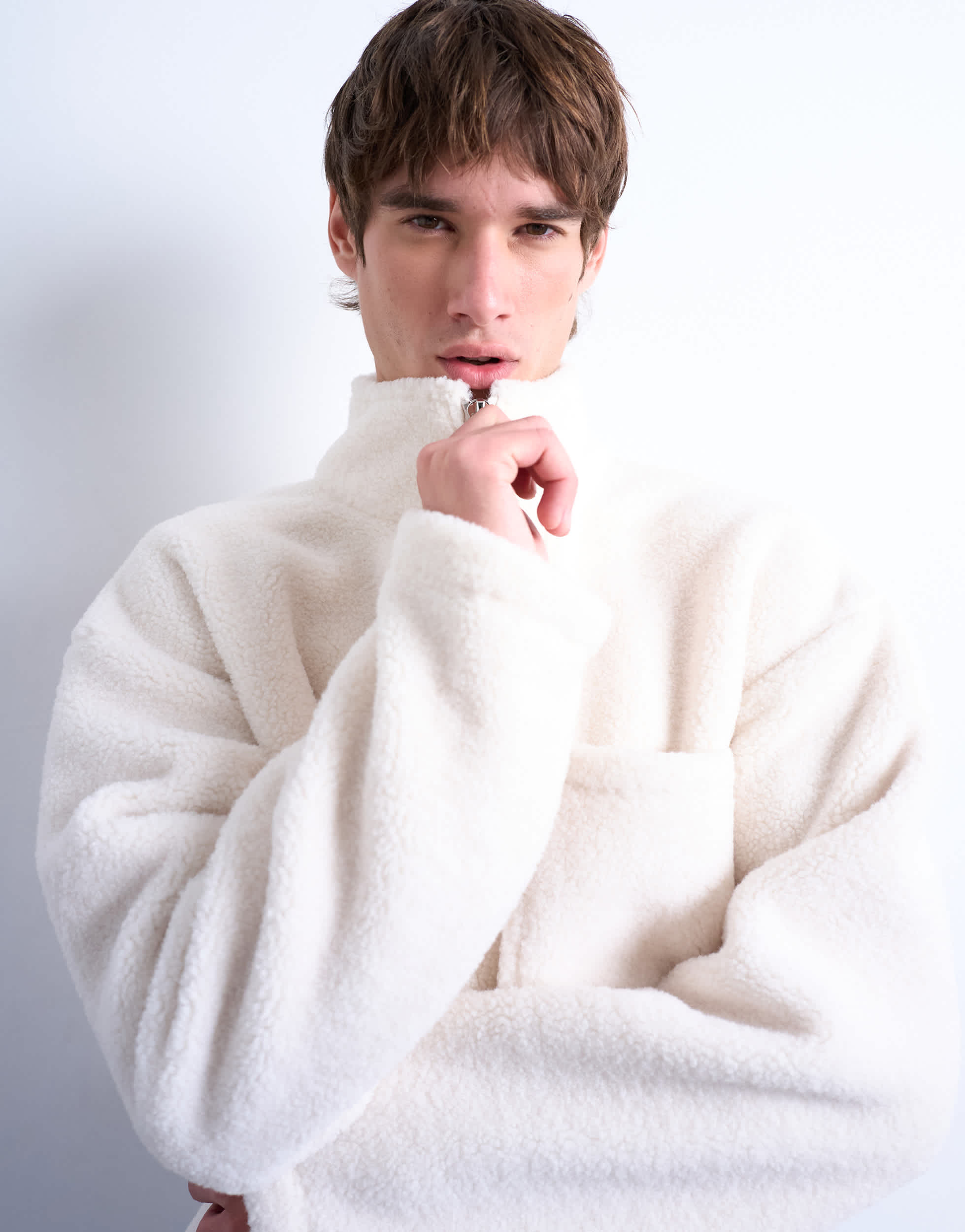 Topman sweat molletonné zippé court en écru