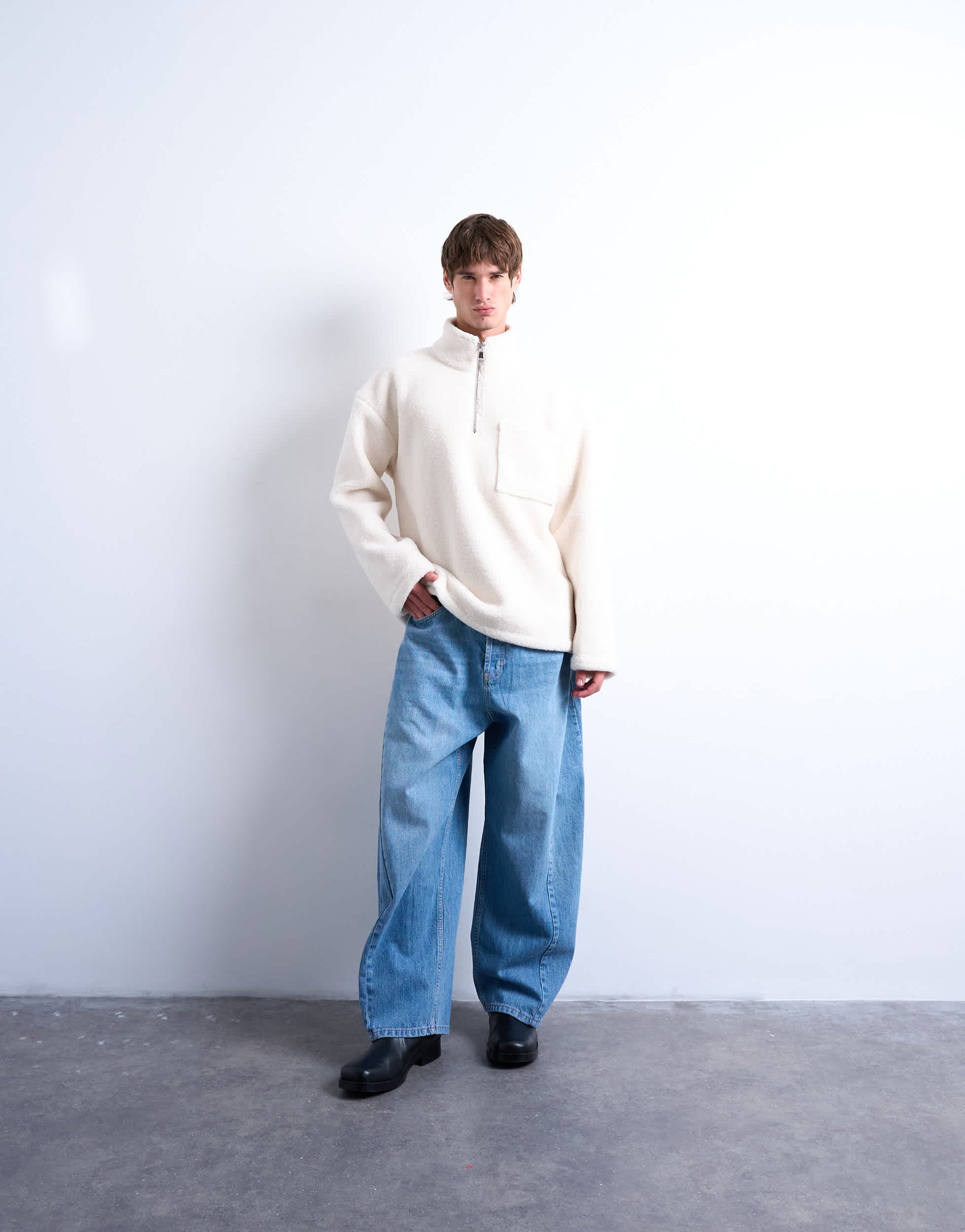Topman 1/4 zip borg sweatshirt in ecru