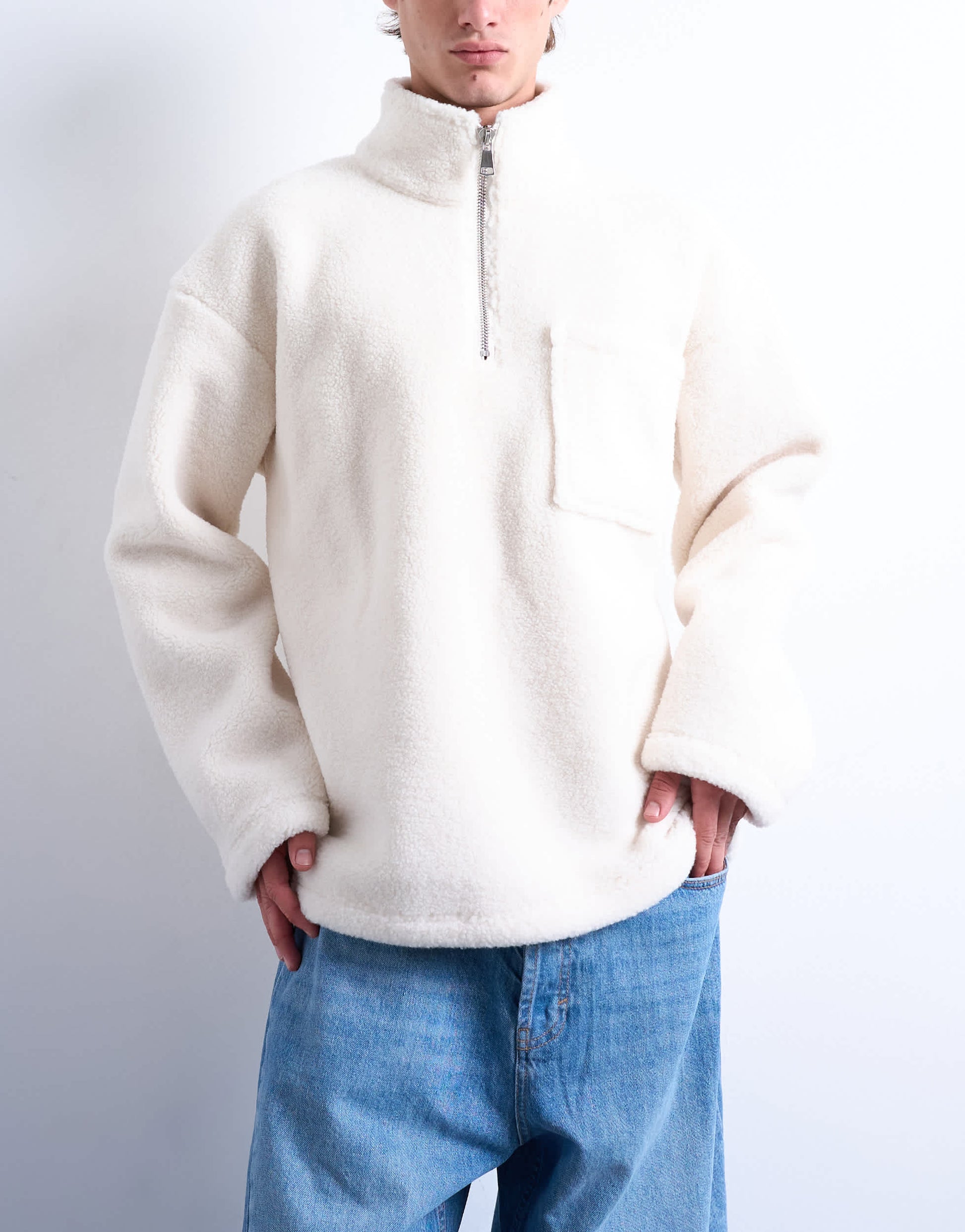 Topman 1/4 zip borg sweatshirt in ecru