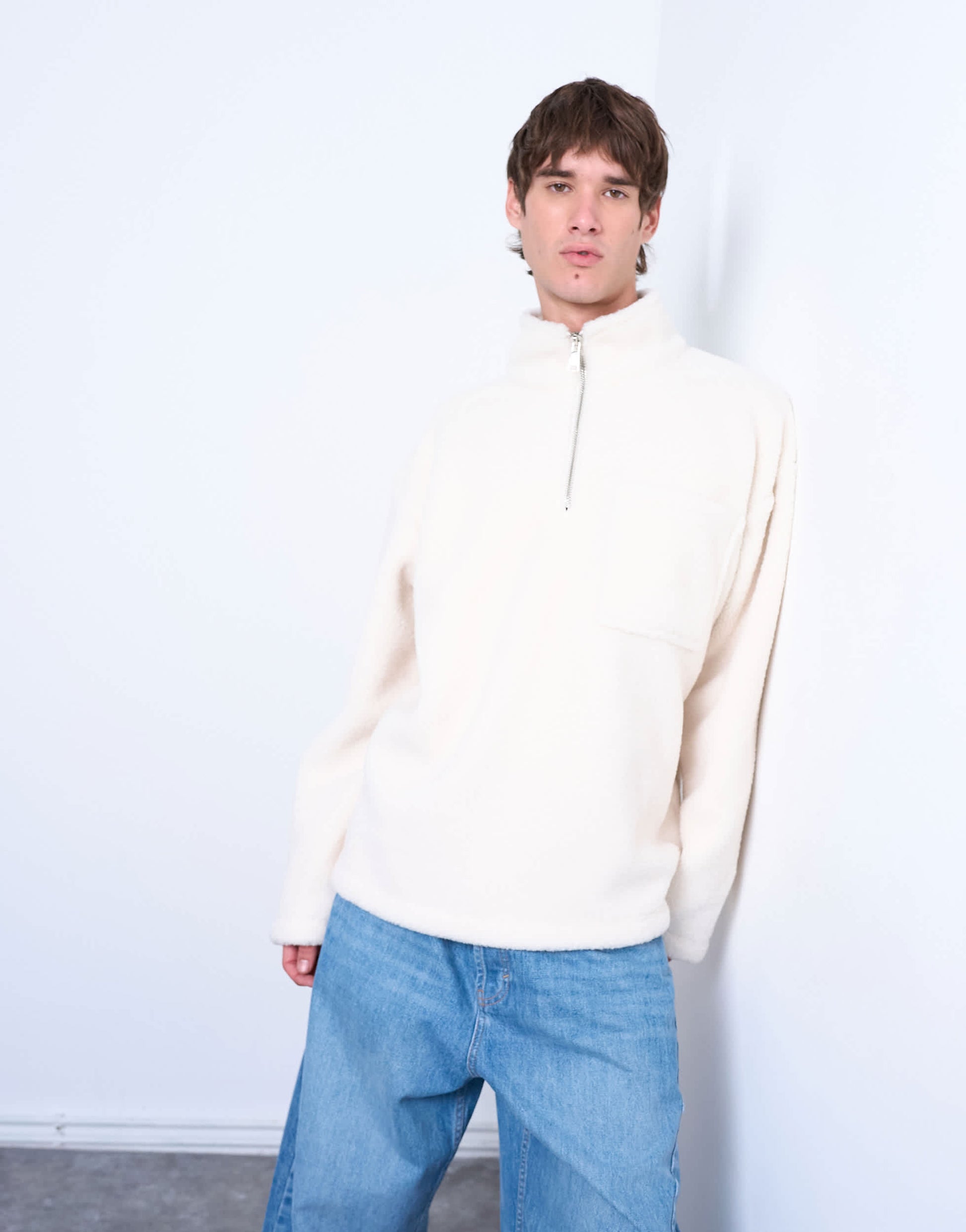 Topman 1/4 zip borg sweatshirt in ecru