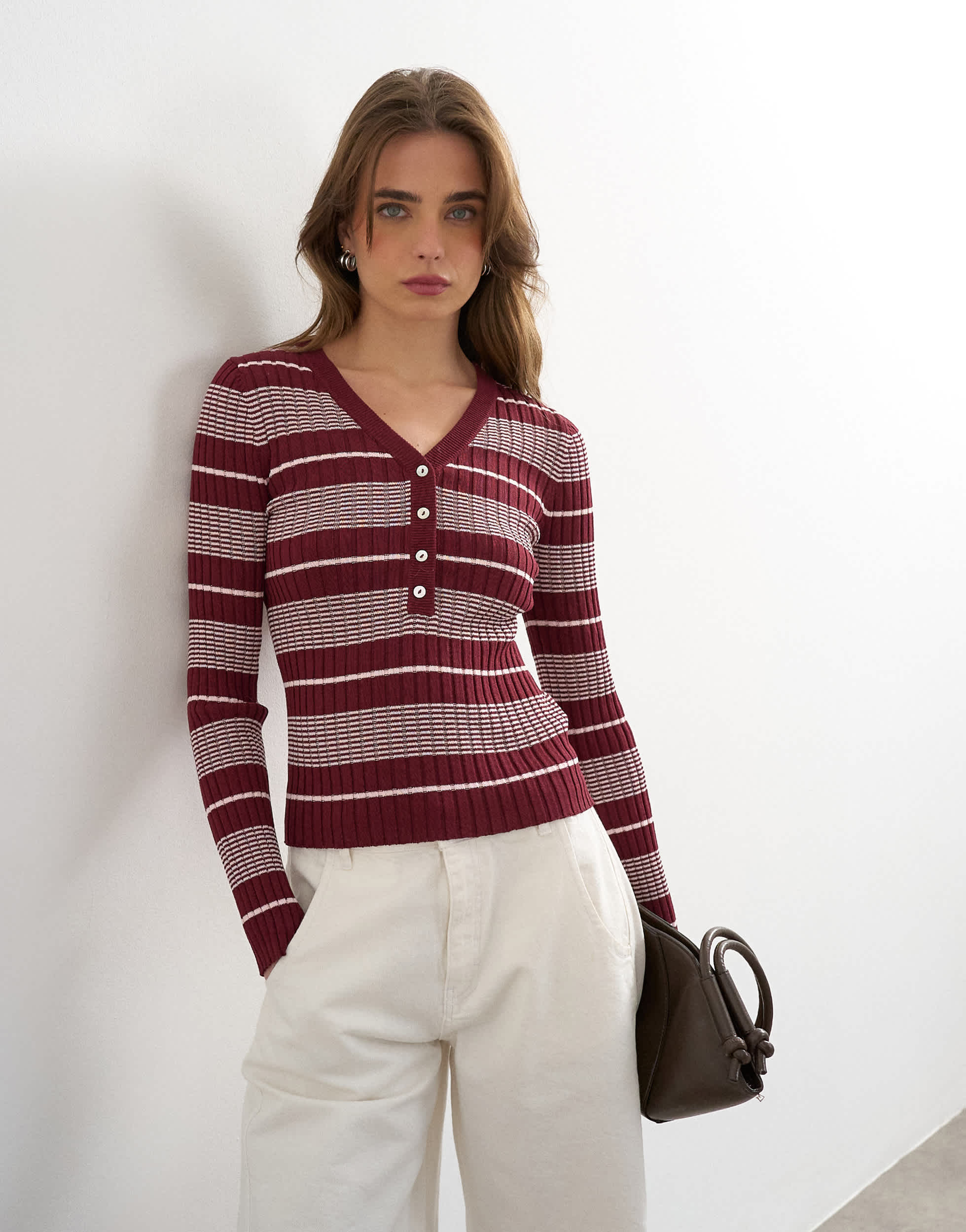 Topshop knitted v neck striped long sleeve top in burgundy