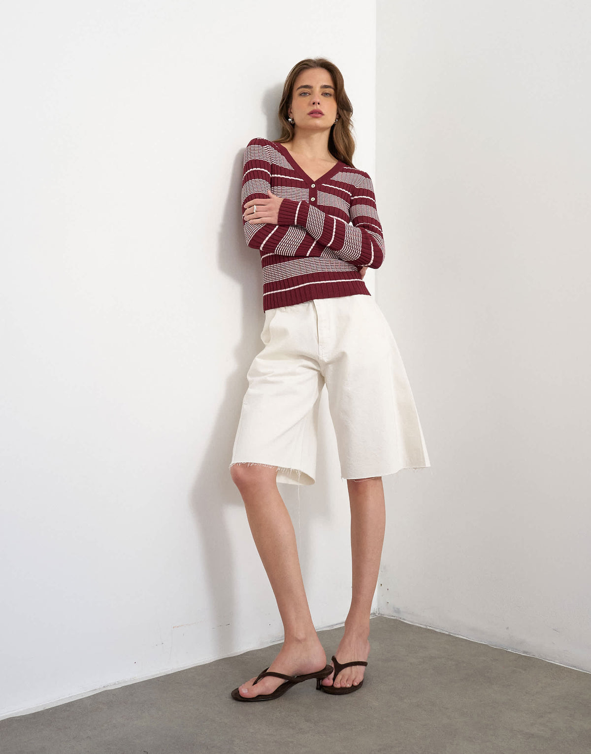 Topshop knitted v neck striped long sleeve top in burgundy