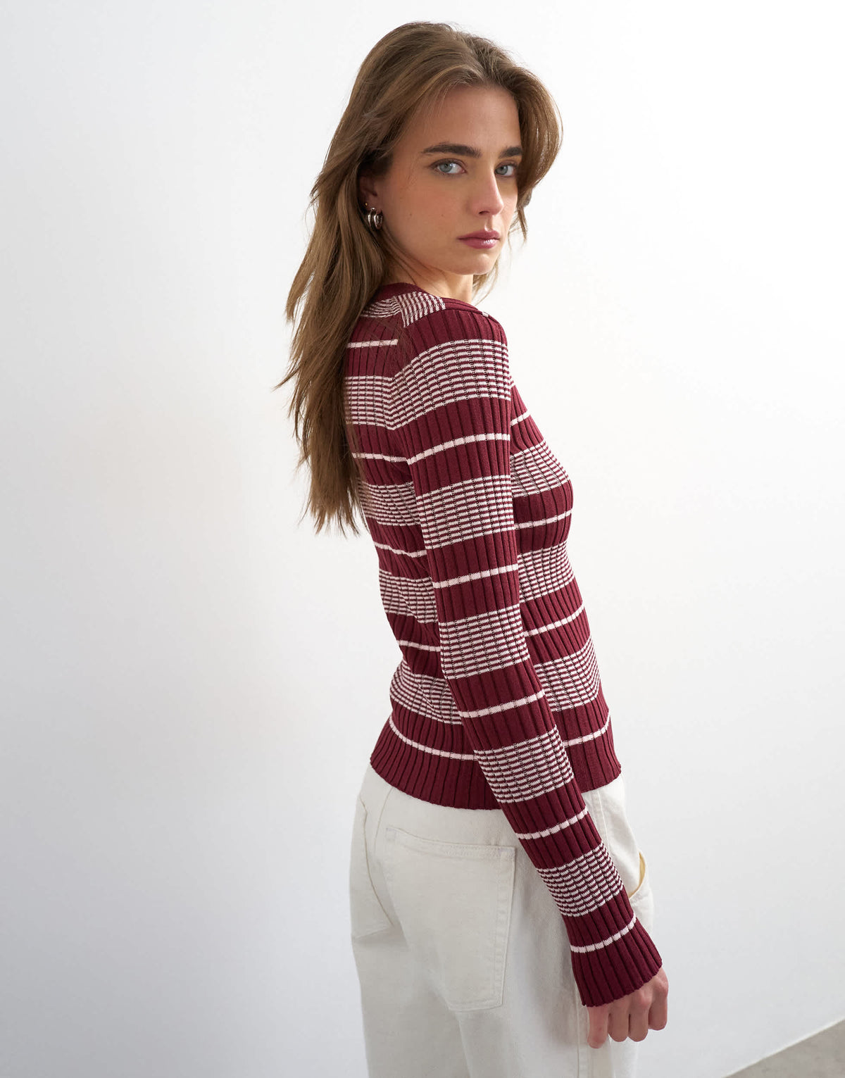 Topshop knitted v neck striped long sleeve top in burgundy