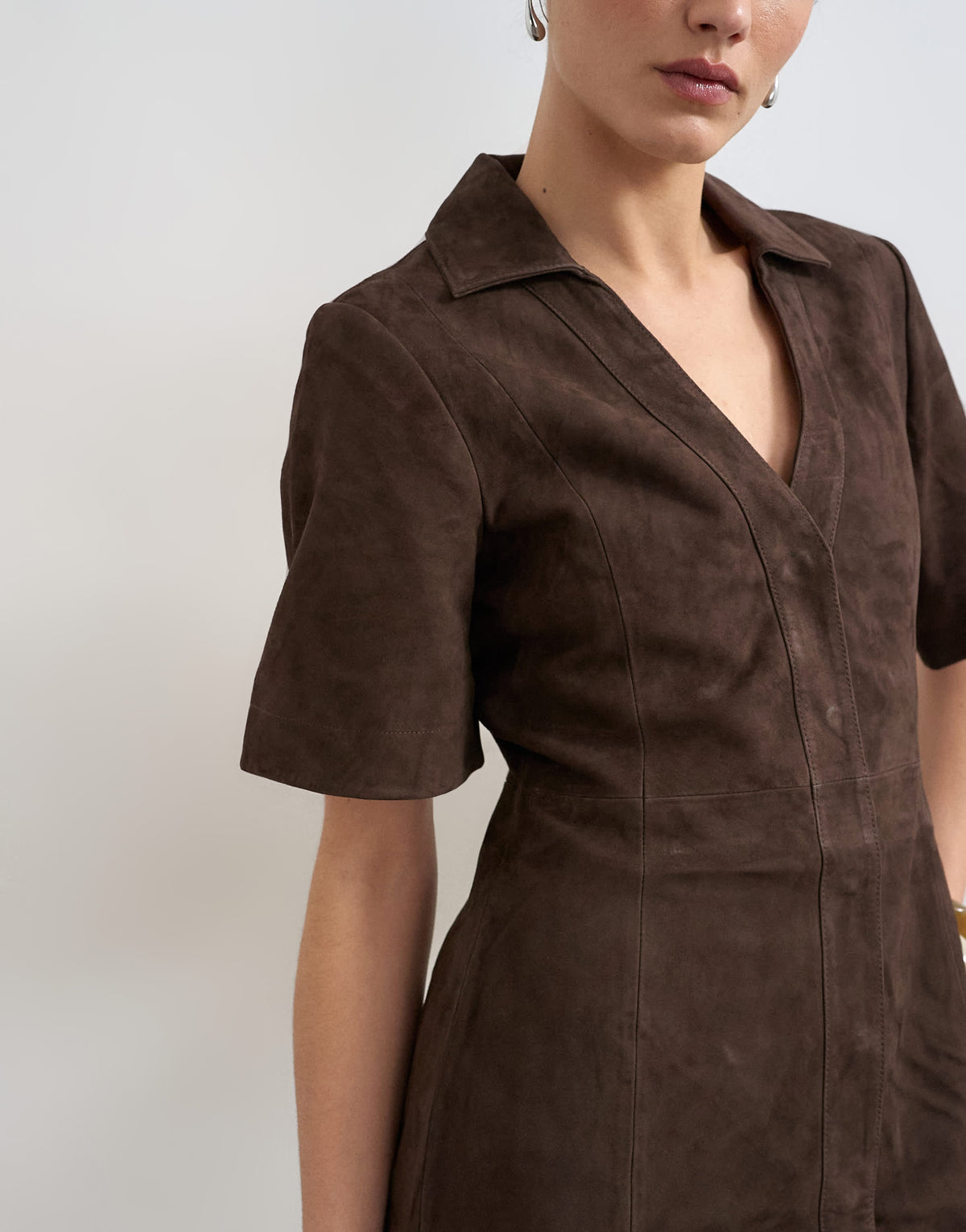 Topshop real suede open collar mini shirt dress in brown