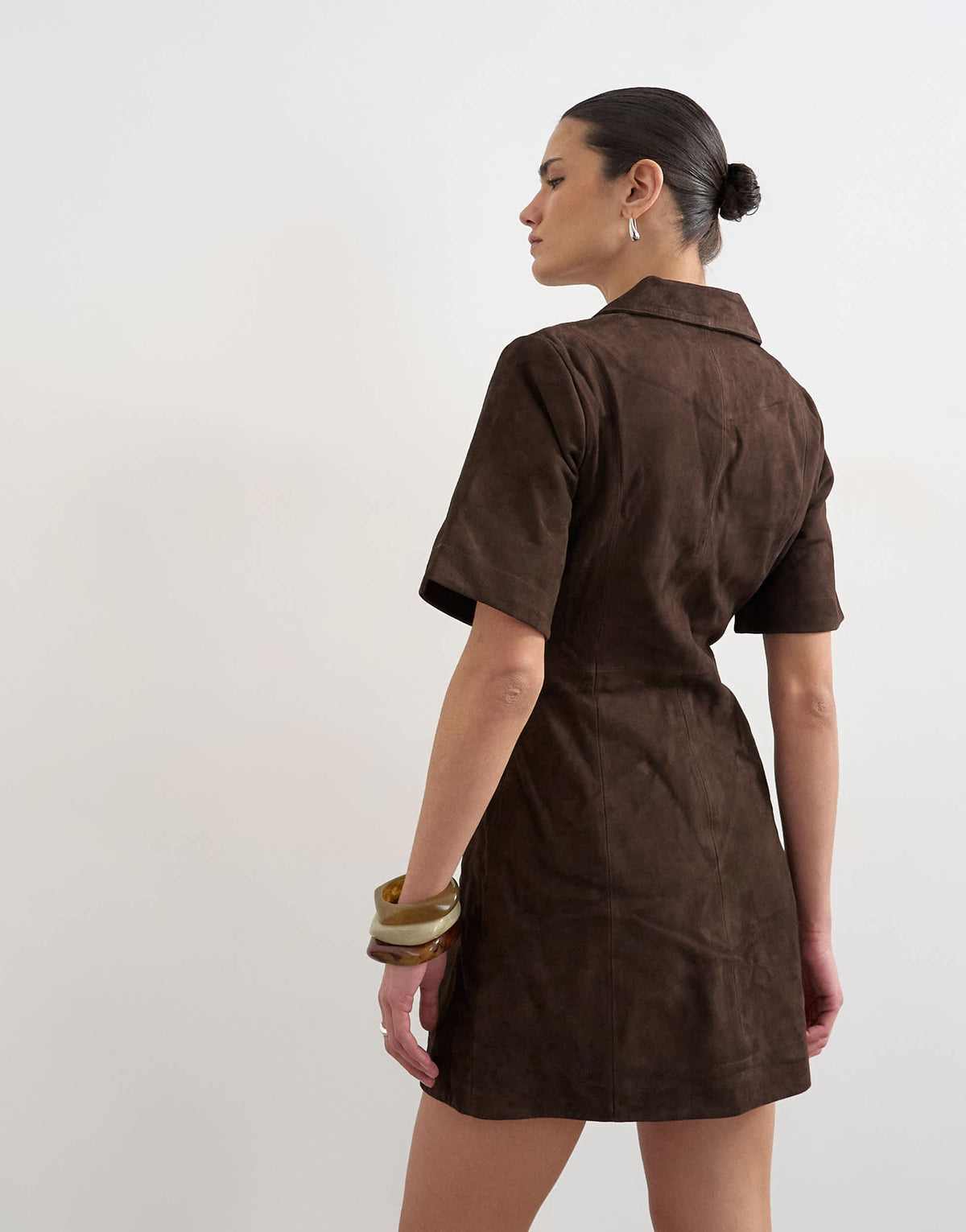Topshop real suede open collar mini shirt dress in brown