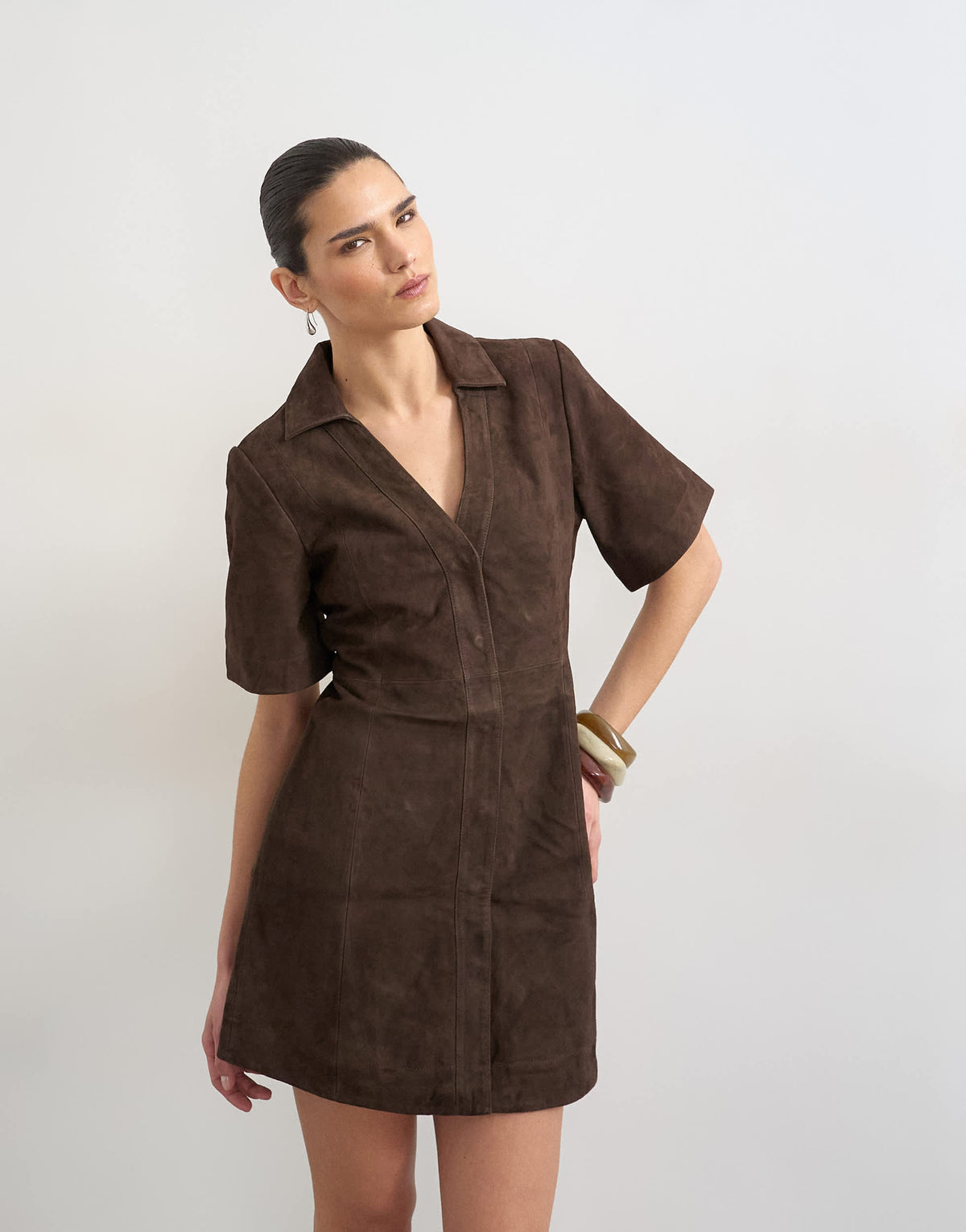 Topshop real suede open collar mini shirt dress in brown
