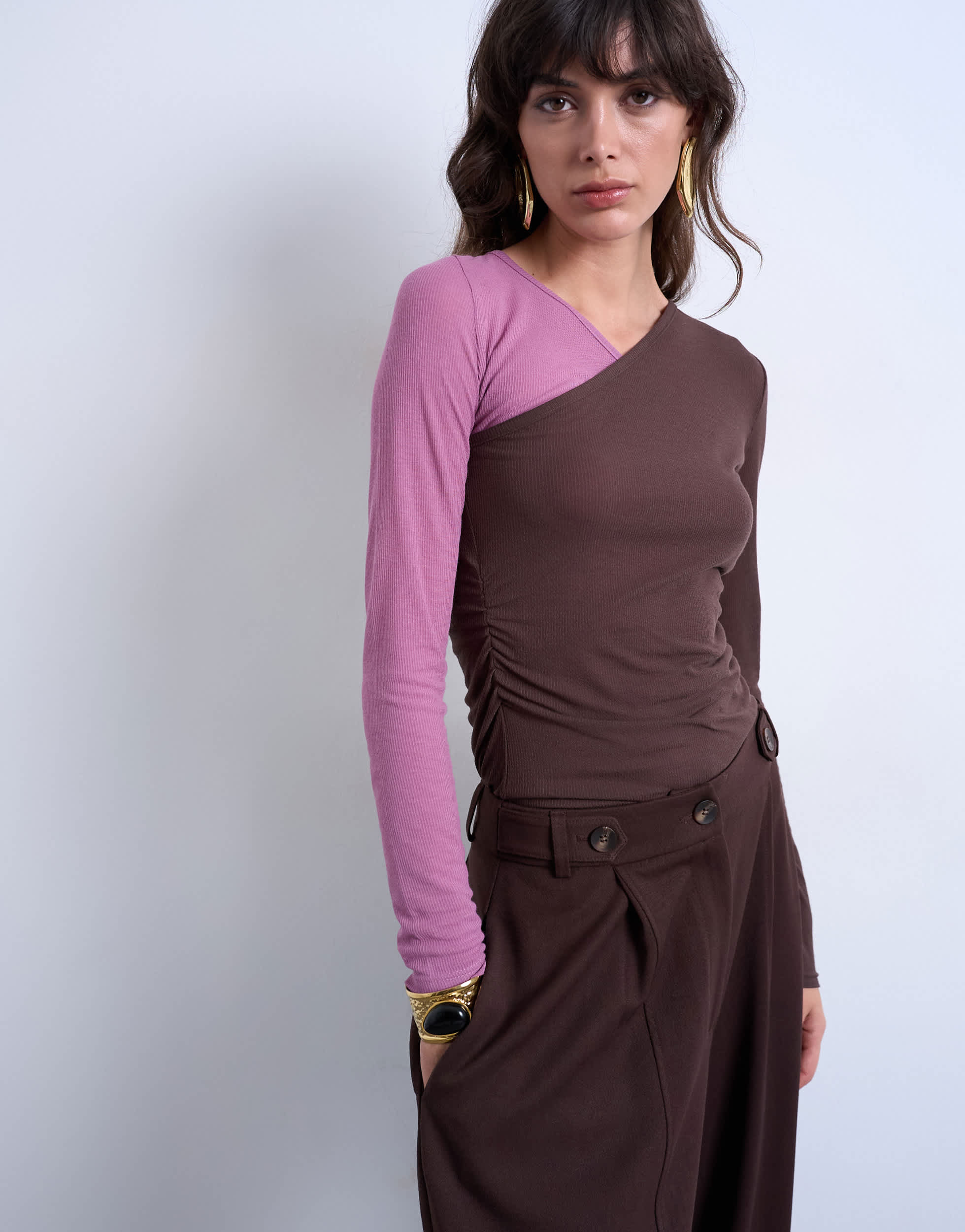 Topshop premium sheer rib v-neck double layer long sleeve top in pink and chocolate