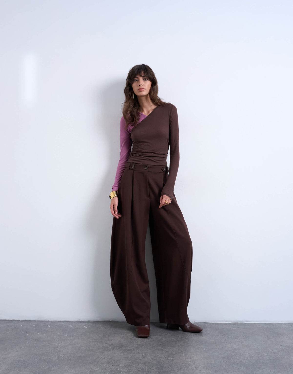Topshop premium sheer rib v-neck double layer long sleeve top in pink and chocolate