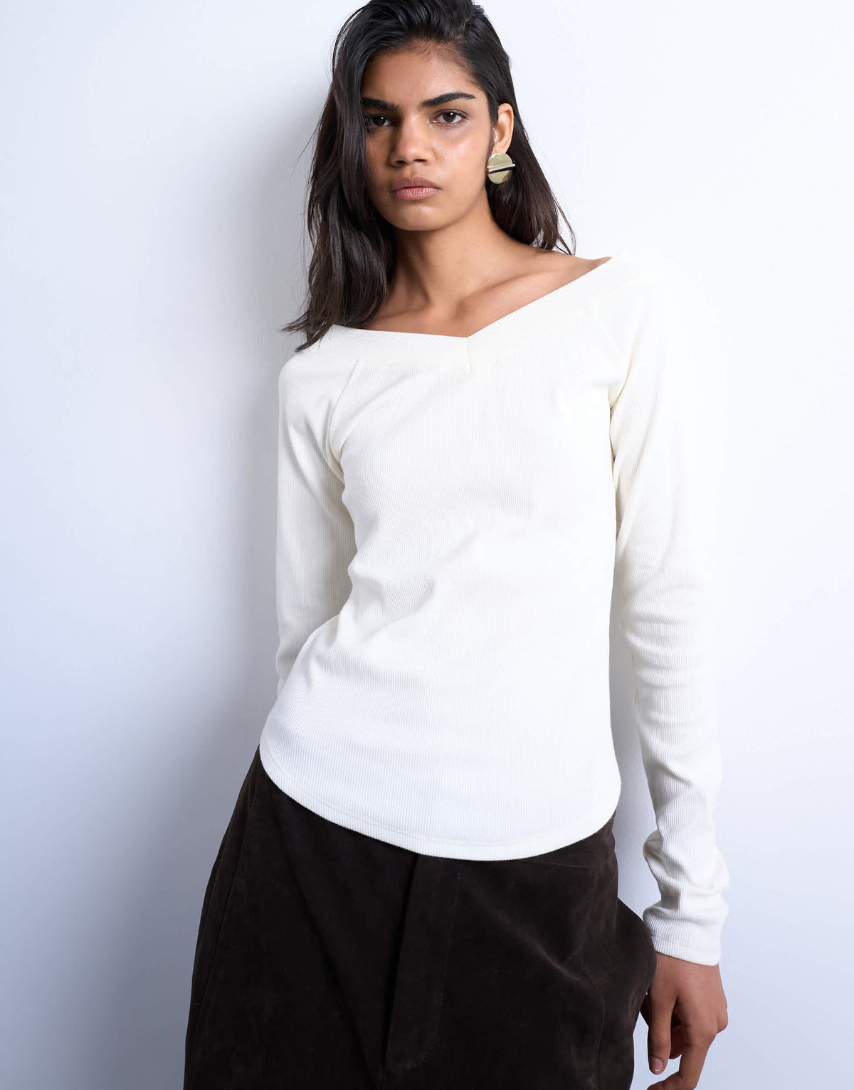 Topshop rib raglan v-neck long sleeve top in ivory