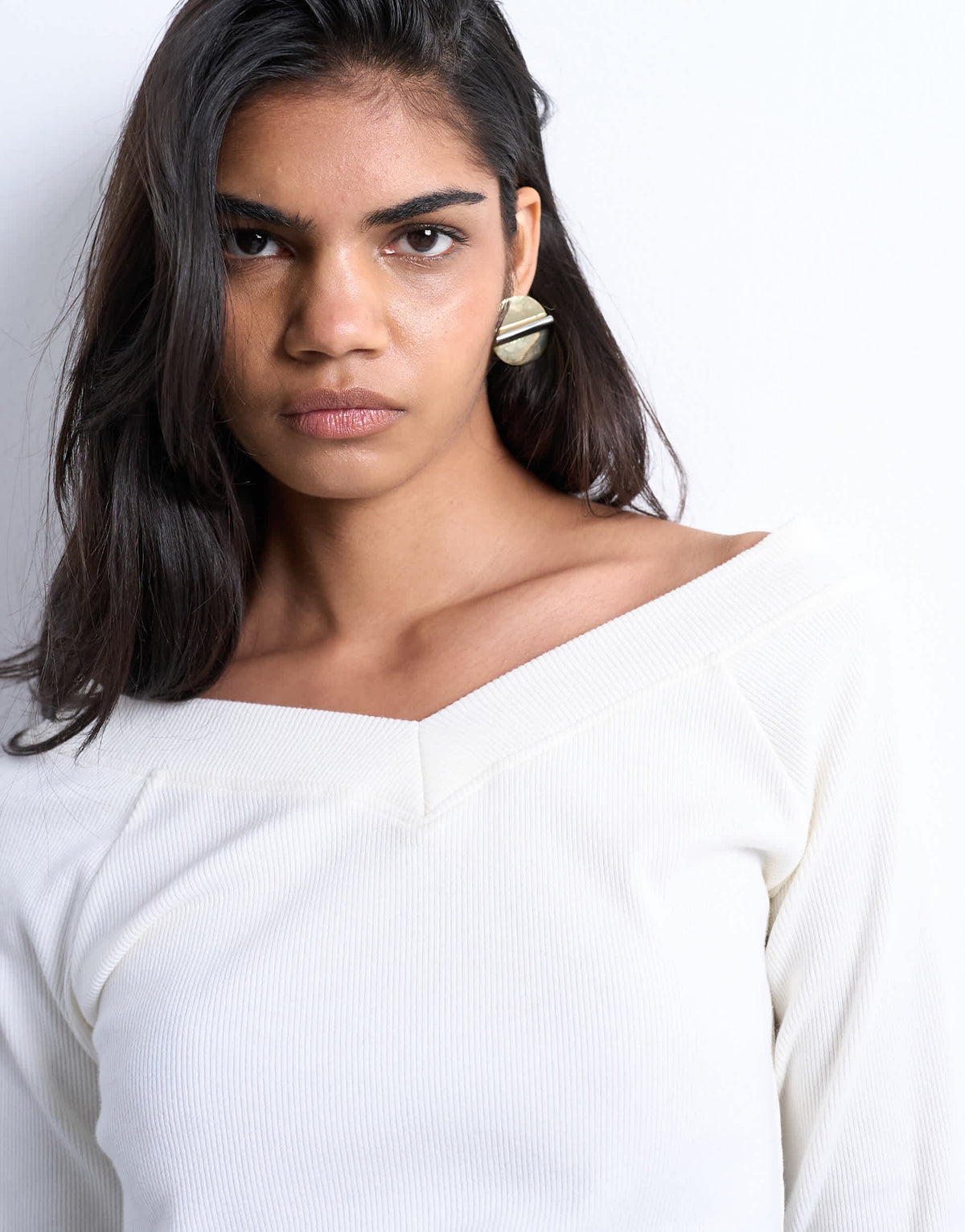 Topshop rib raglan v-neck long sleeve top in ivory