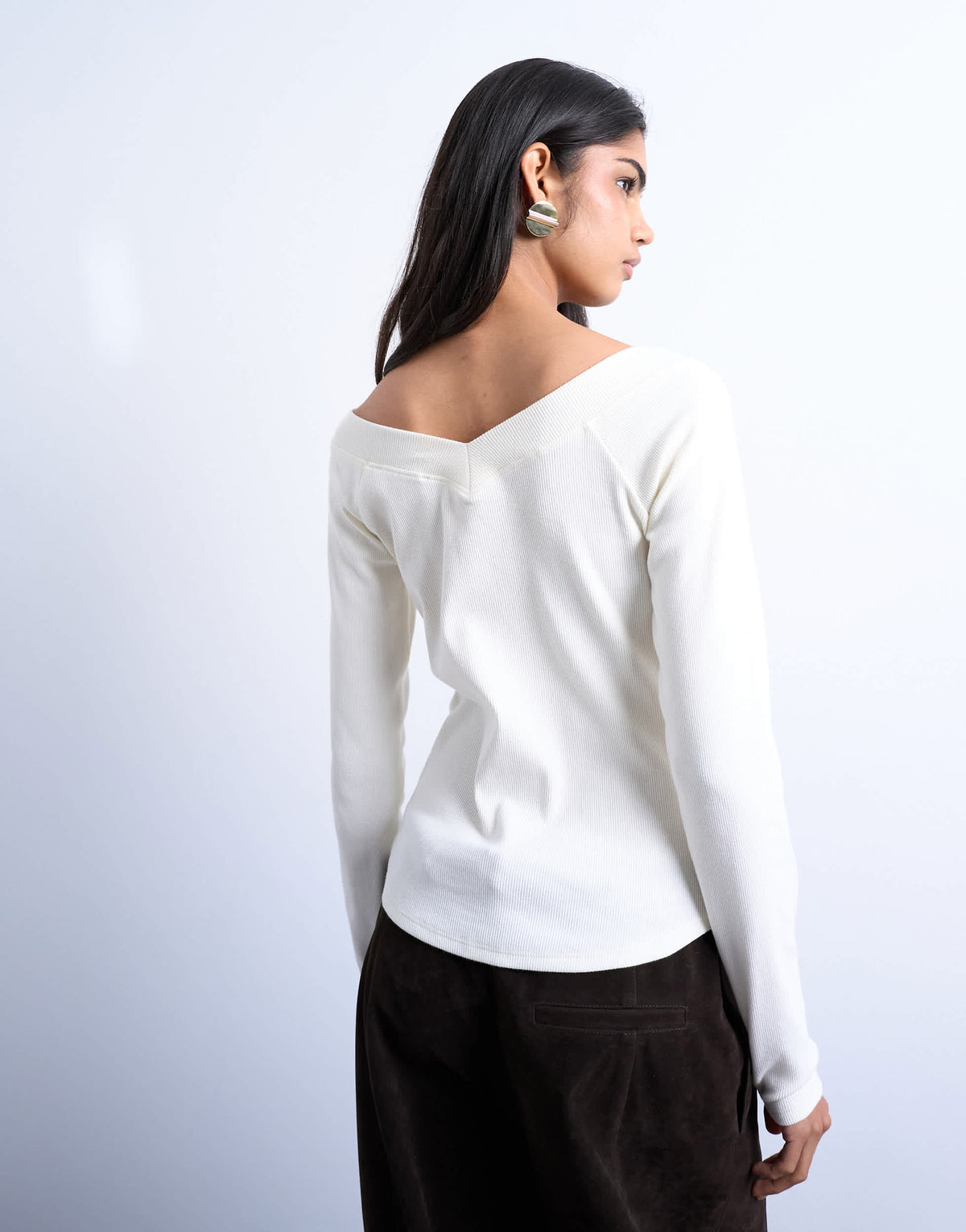 Topshop rib raglan v-neck long sleeve top in ivory