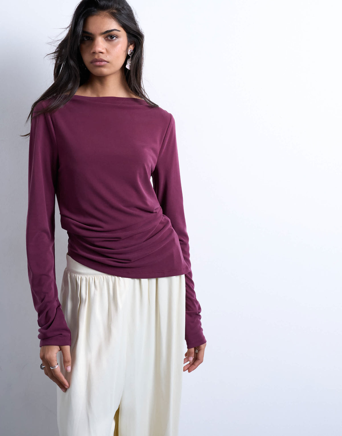 Topshop cupro long sleeve hitch side detail top in burgundy