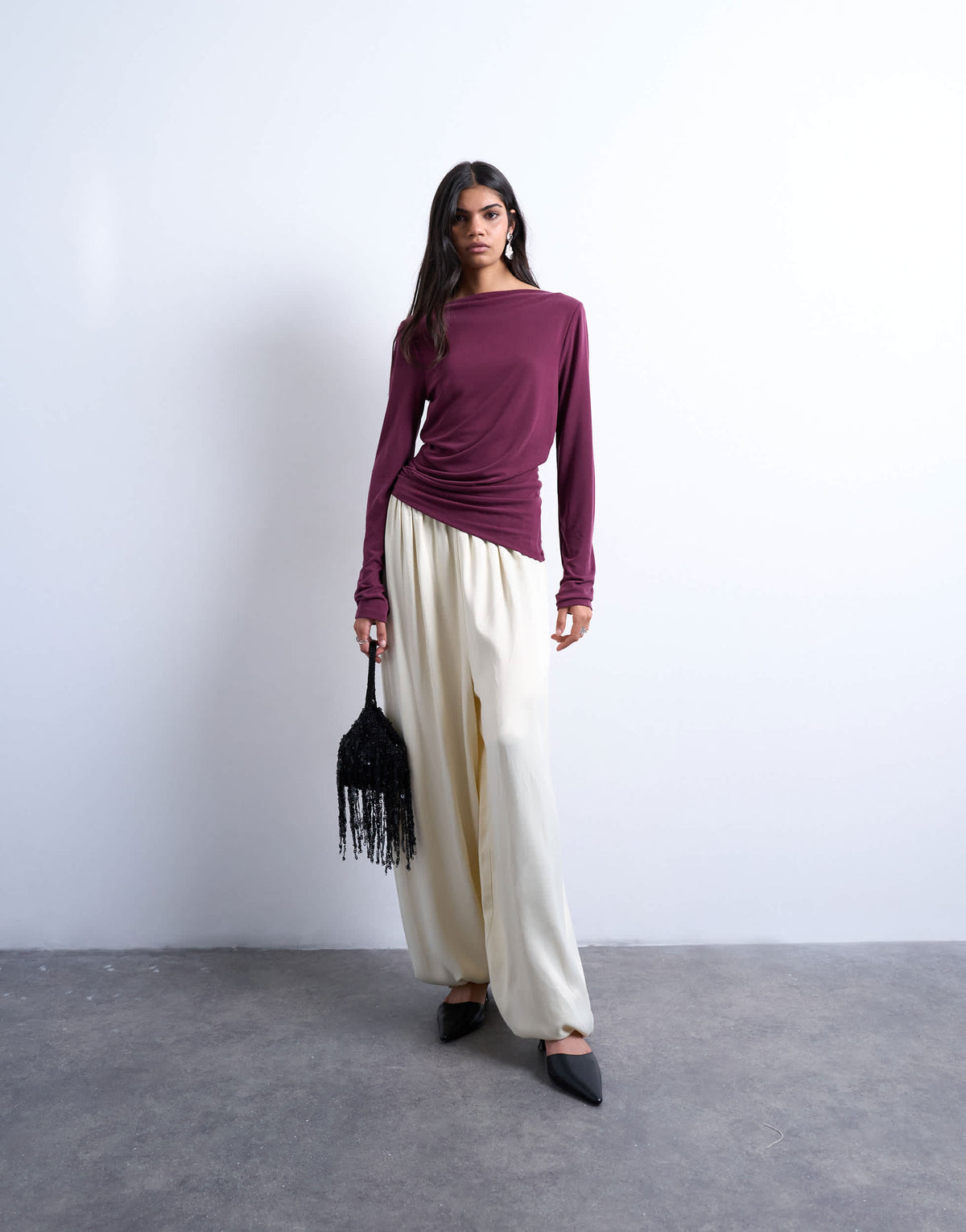 Topshop cupro long sleeve hitch side detail top in burgundy