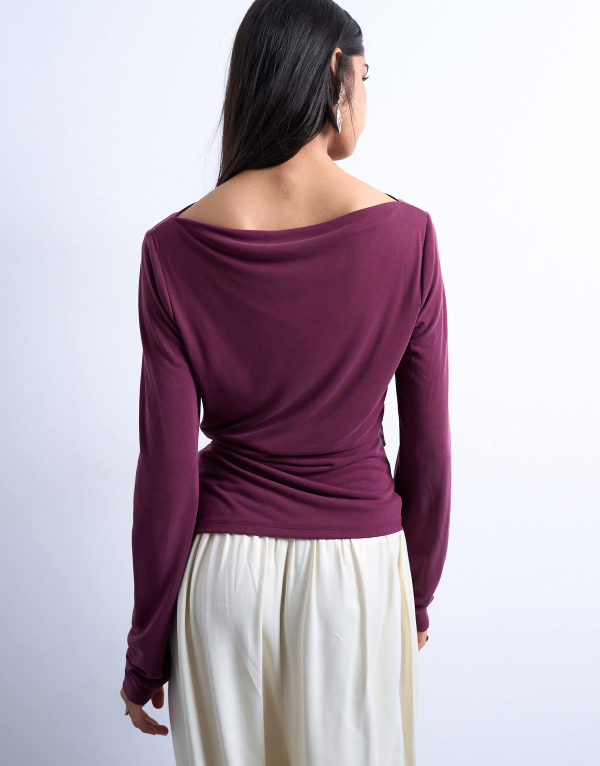 Topshop cupro long sleeve hitch side detail top in burgundy
