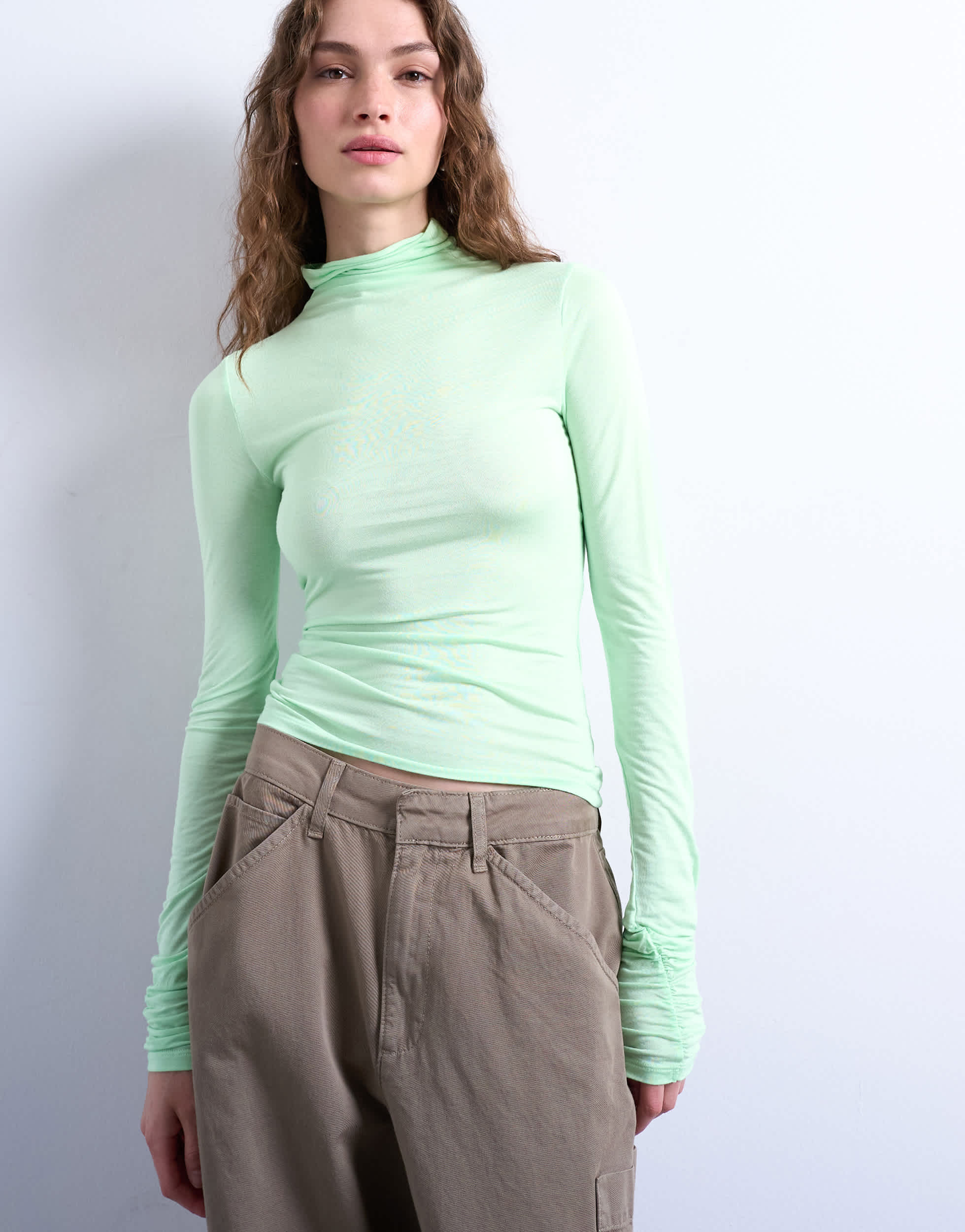 Topshop high neck viscose long sleeve top in mint geen