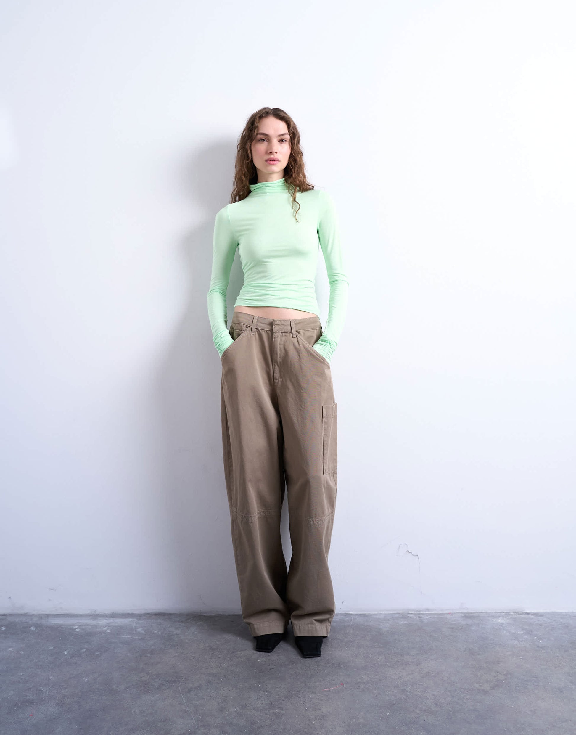 Topshop high neck viscose long sleeve top in mint geen