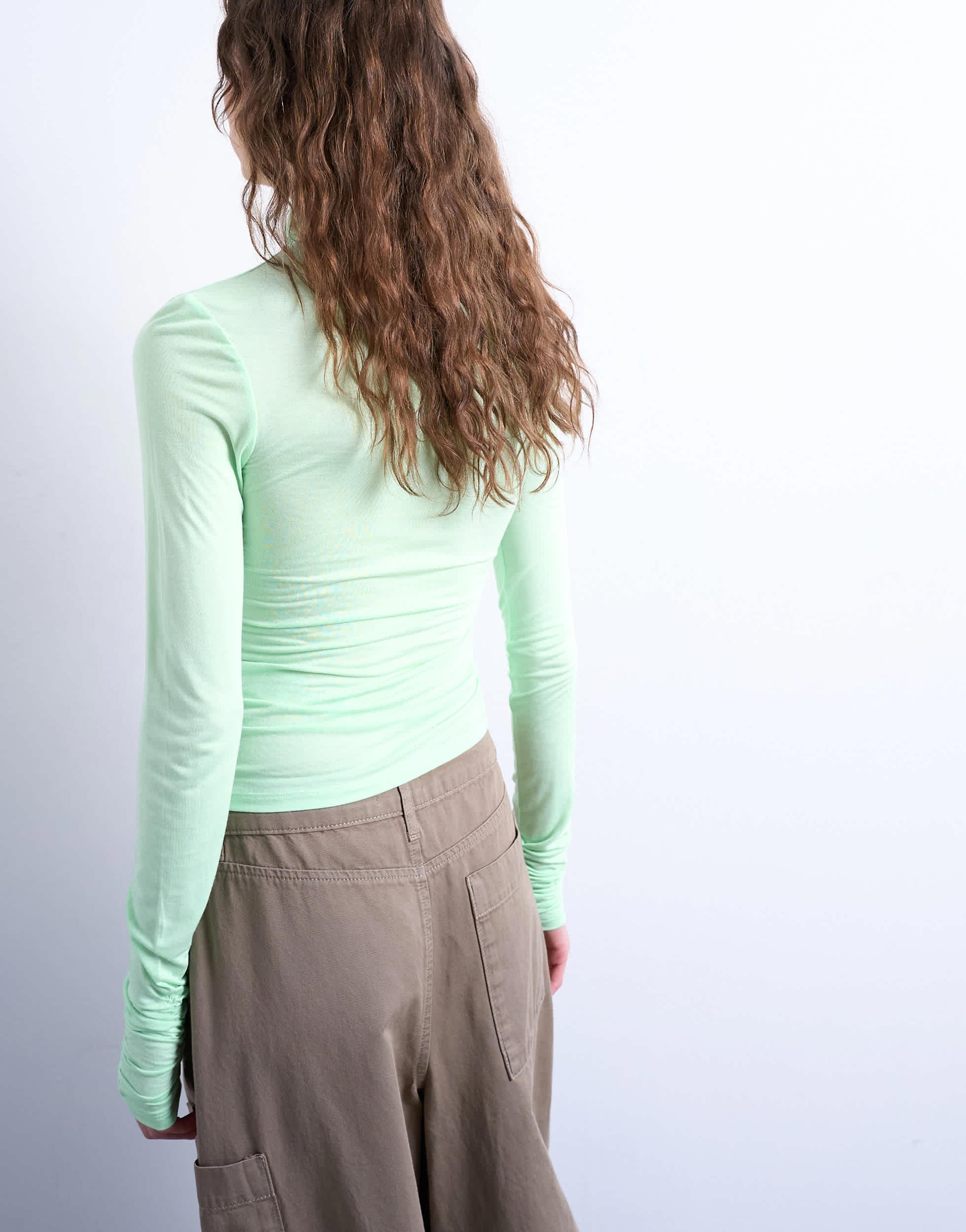 Topshop high neck viscose long sleeve top in mint geen