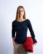 Topshop rib raglan v-neck long sleeve top in navy