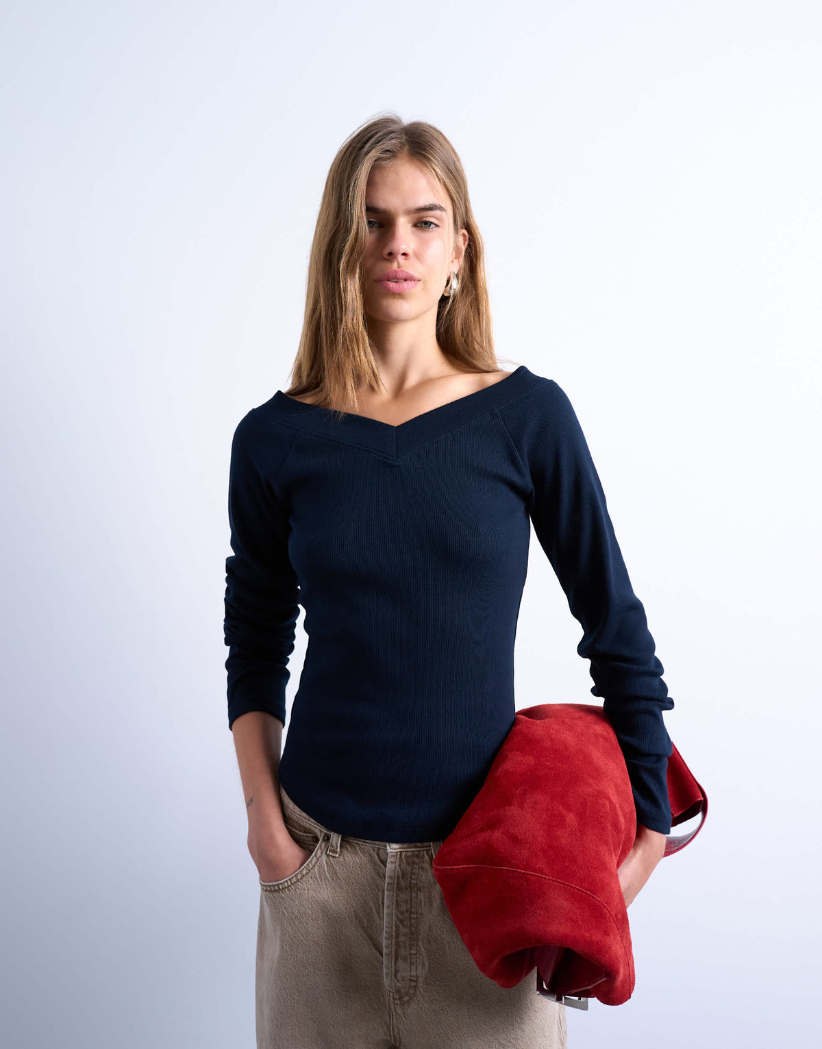 Topshop rib raglan v-neck long sleeve top in navy