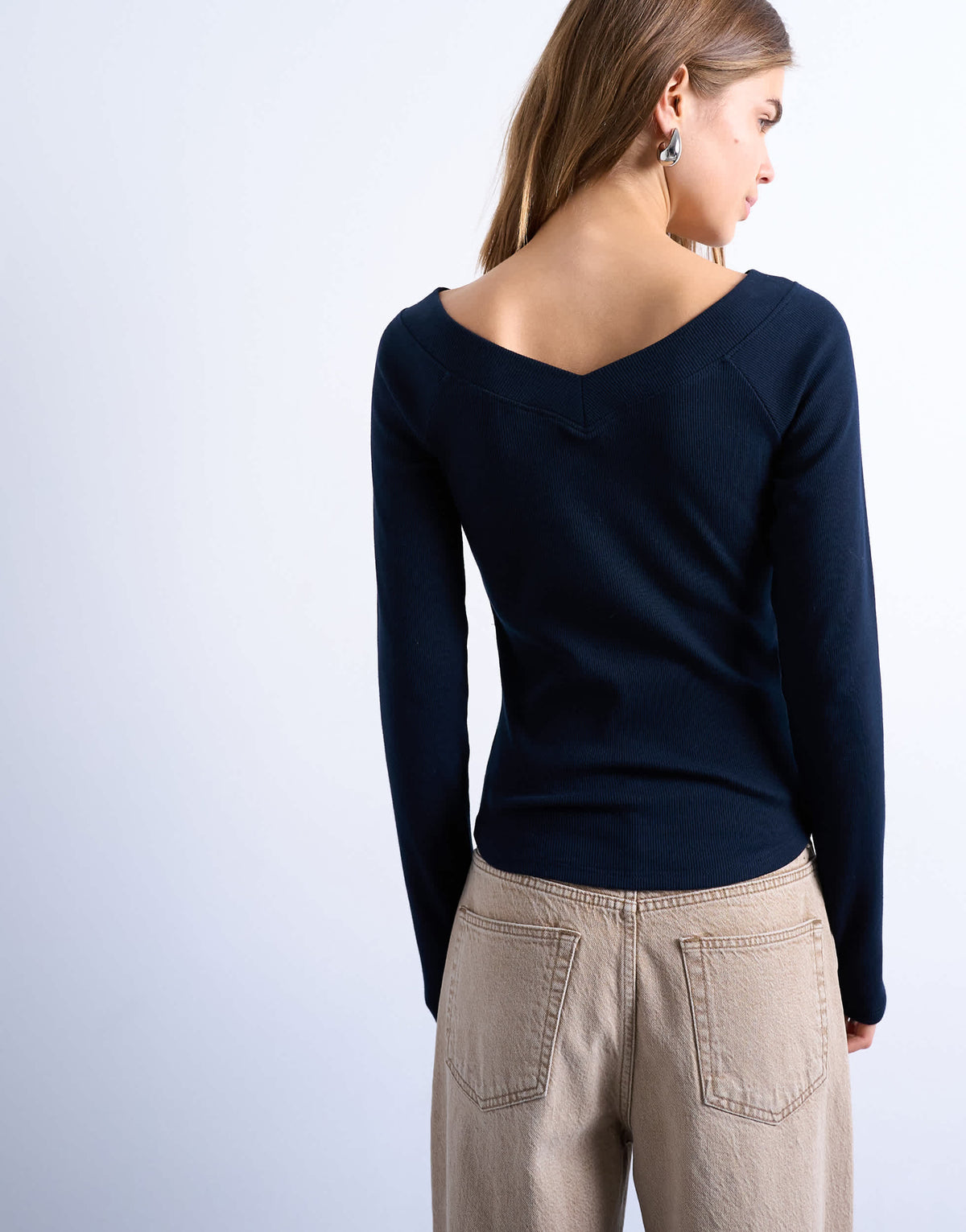 Topshop rib raglan v-neck long sleeve top in navy