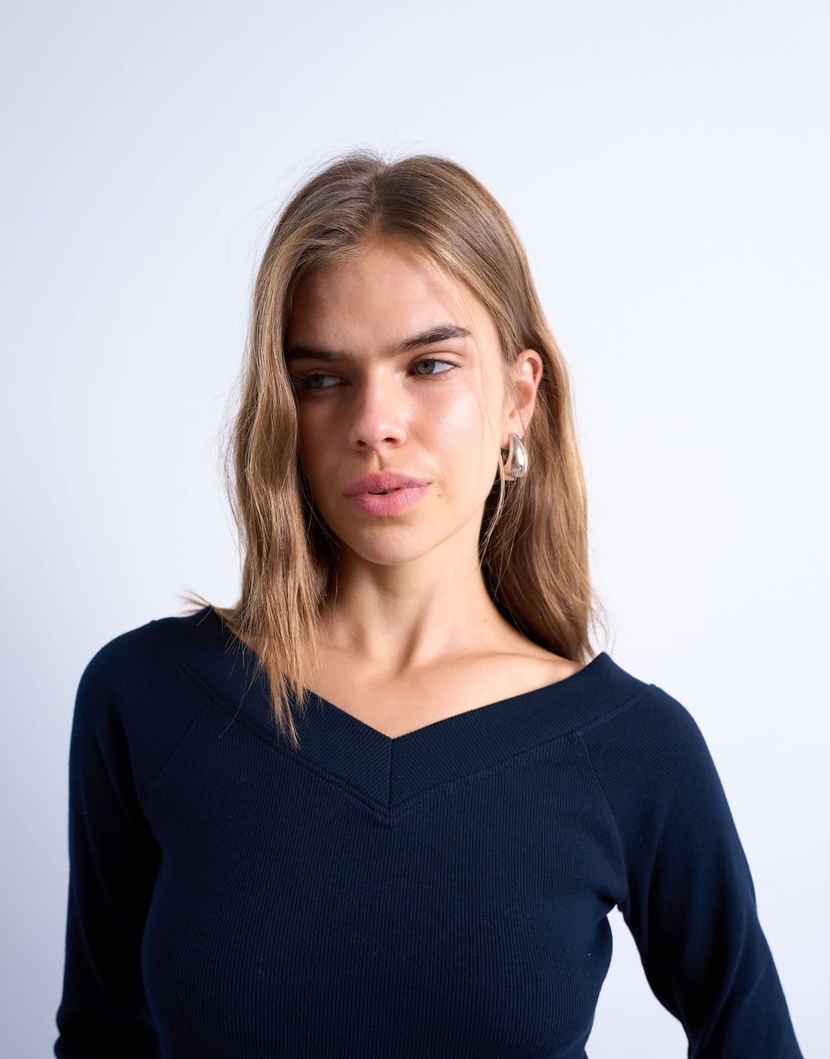 Topshop rib raglan v-neck long sleeve top in navy