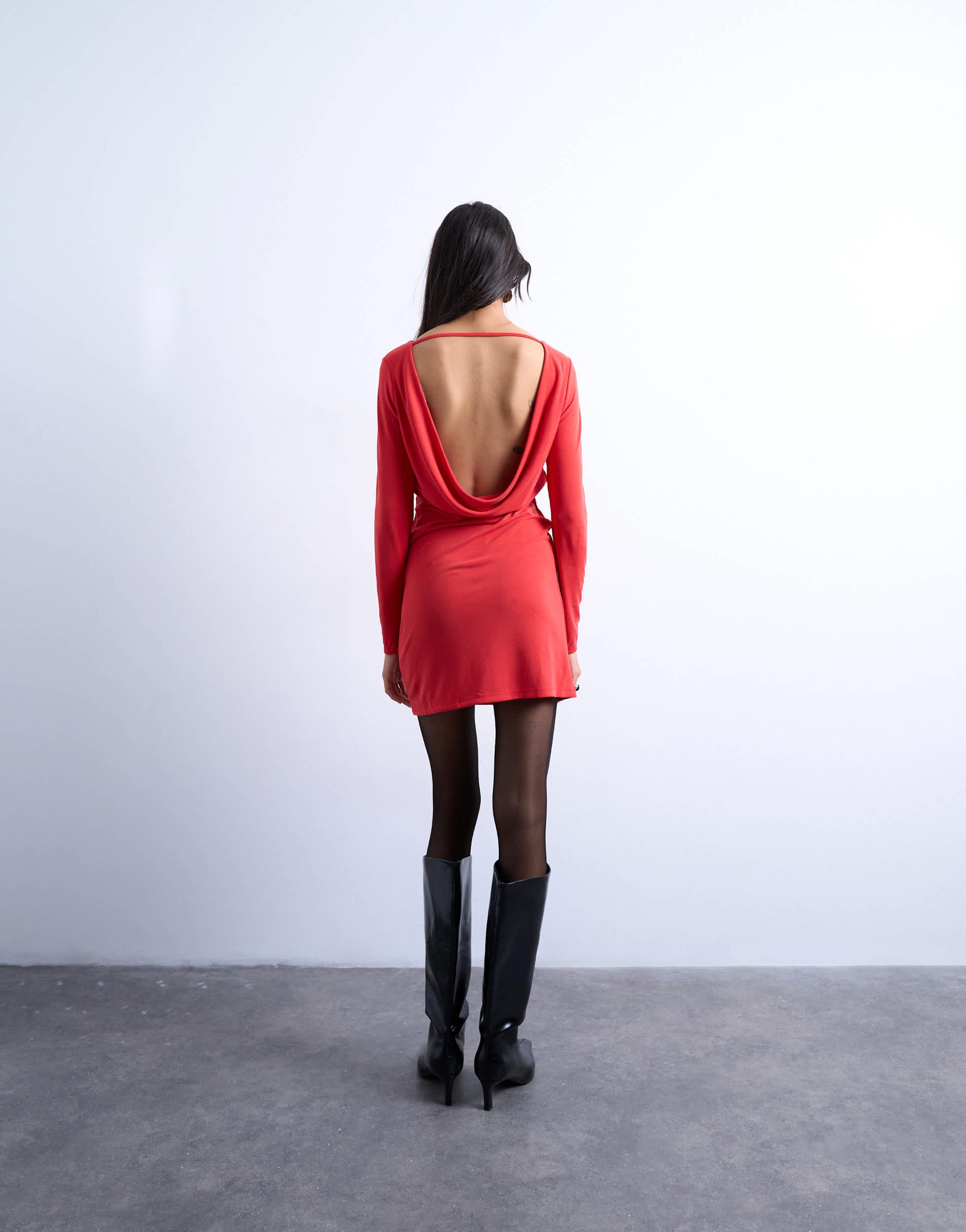 Topshop cupro long sleeve cowl back mini dress in red