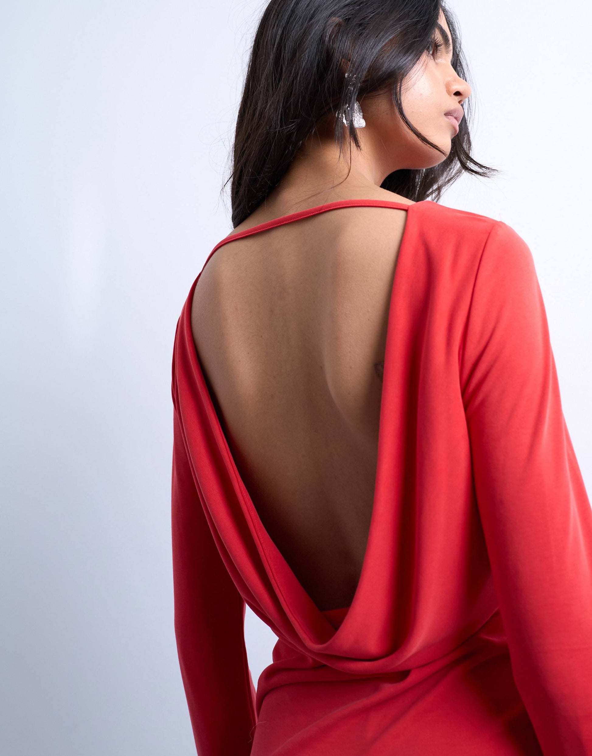 Topshop cupro long sleeve cowl back mini dress in red