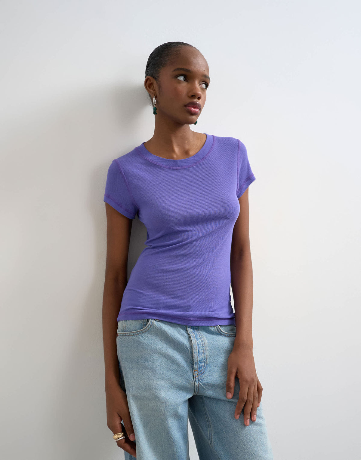 Topshop premium sheer rib short sleeve top in purple