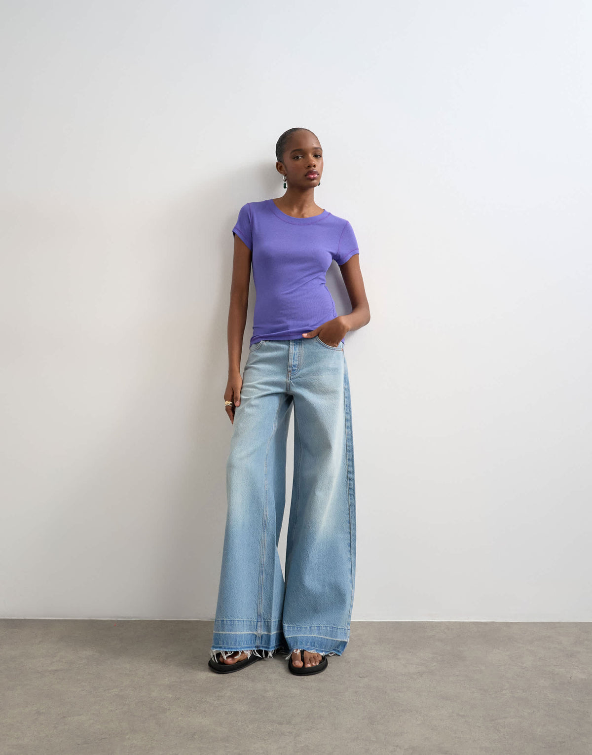 Topshop premium sheer rib short sleeve top in purple