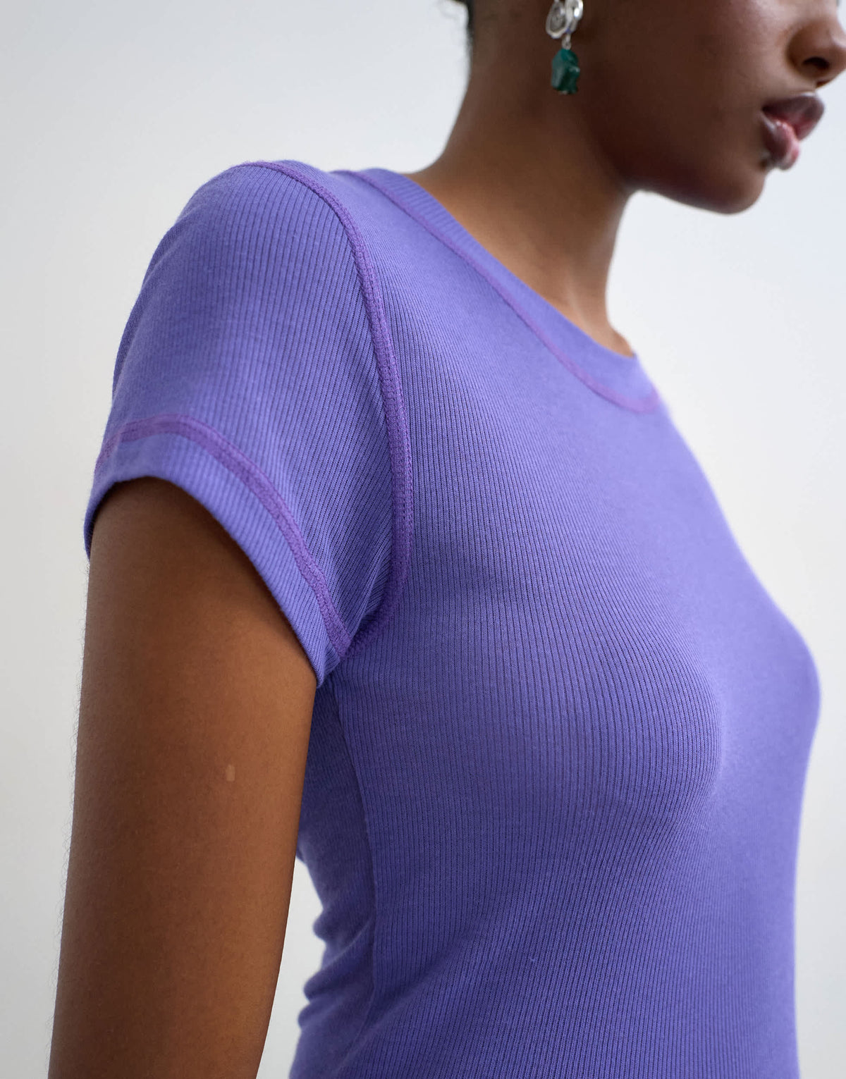 Topshop premium sheer rib short sleeve top in purple
