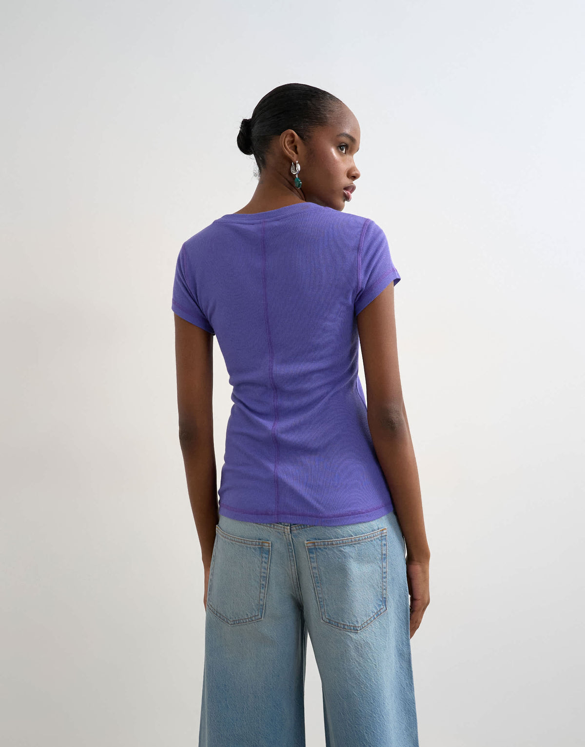 Topshop premium sheer rib short sleeve top in purple