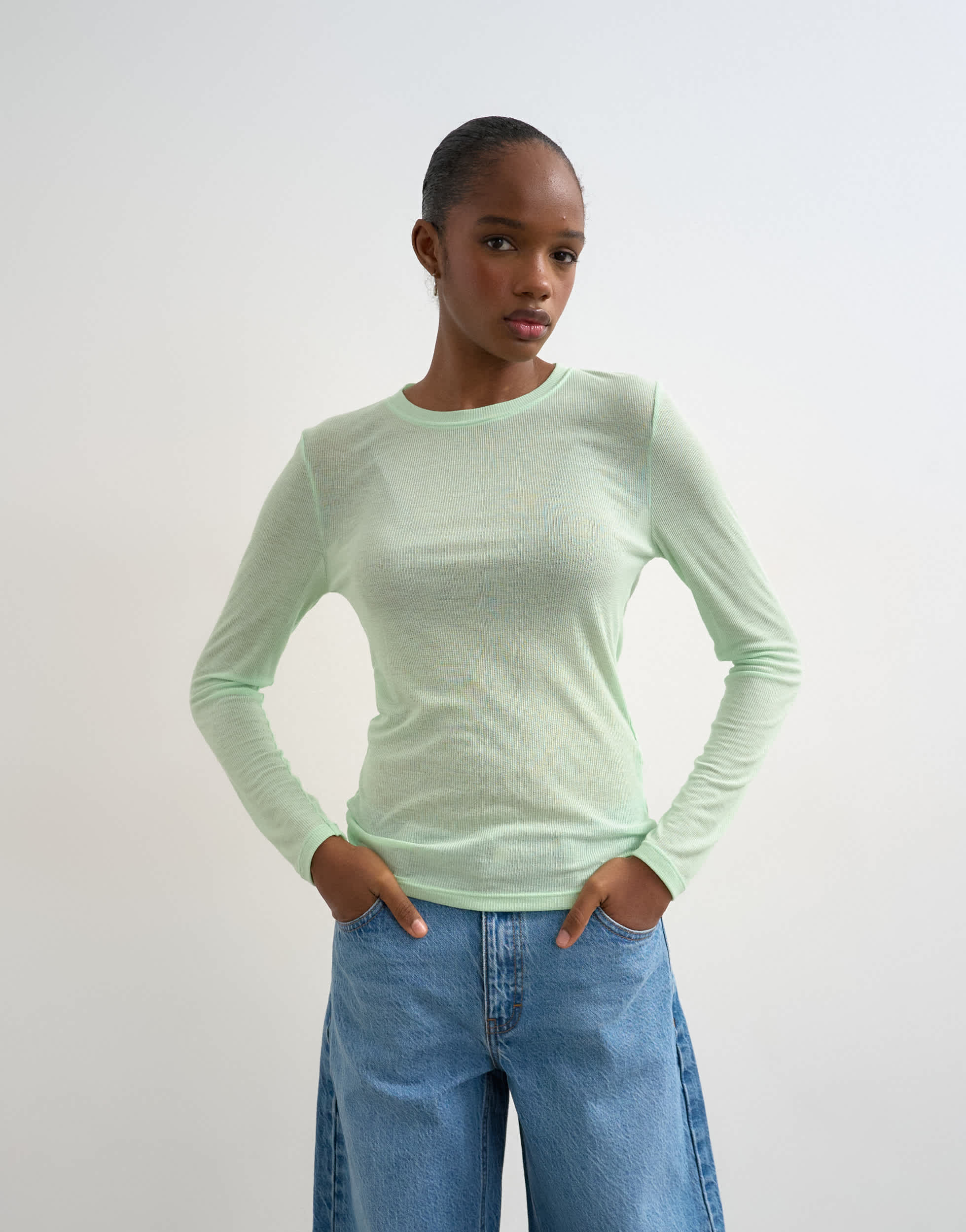 Topshop premium sheer rib scoop neck long sleeve top in mint green