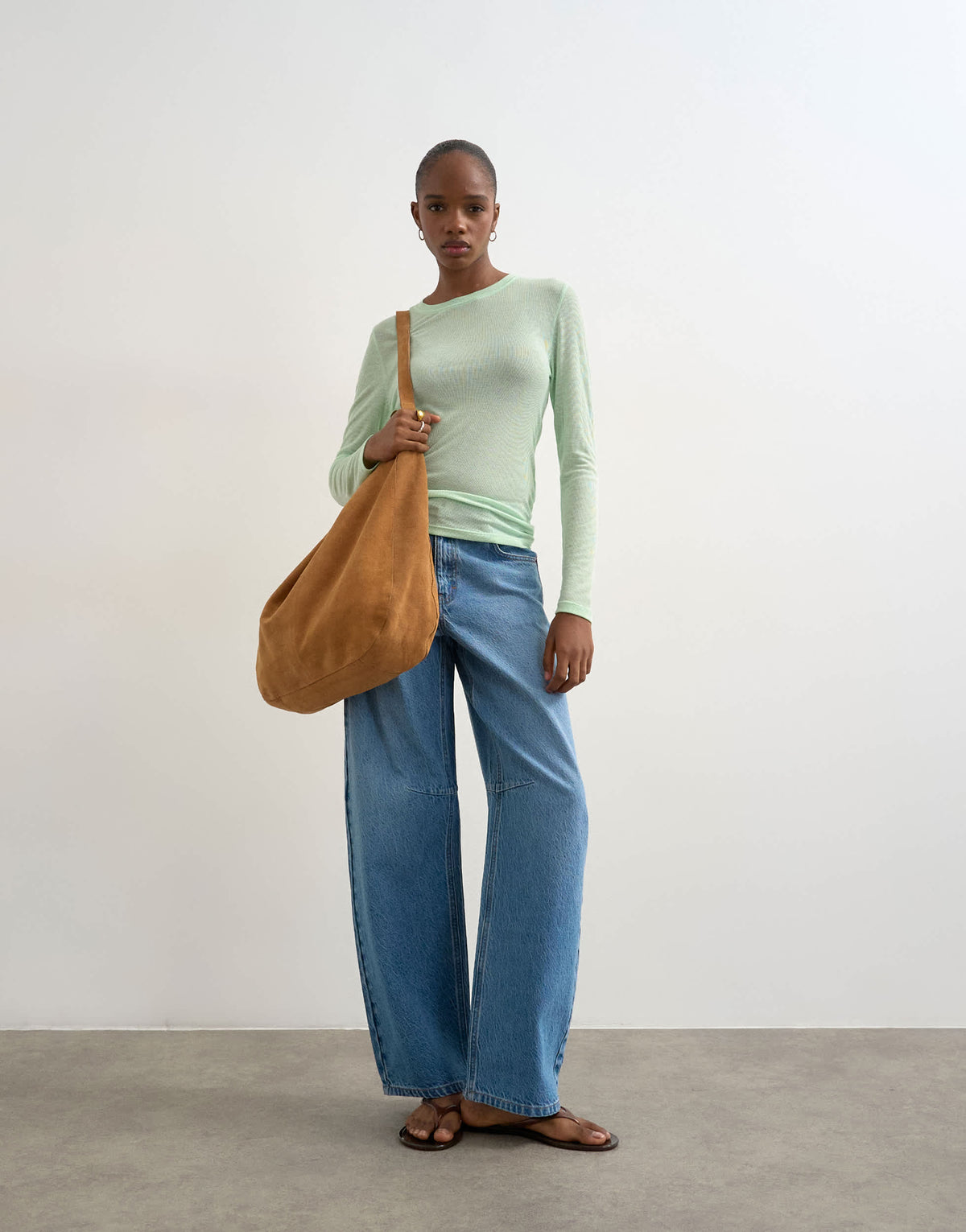 Topshop premium sheer rib scoop neck long sleeve top in mint green
