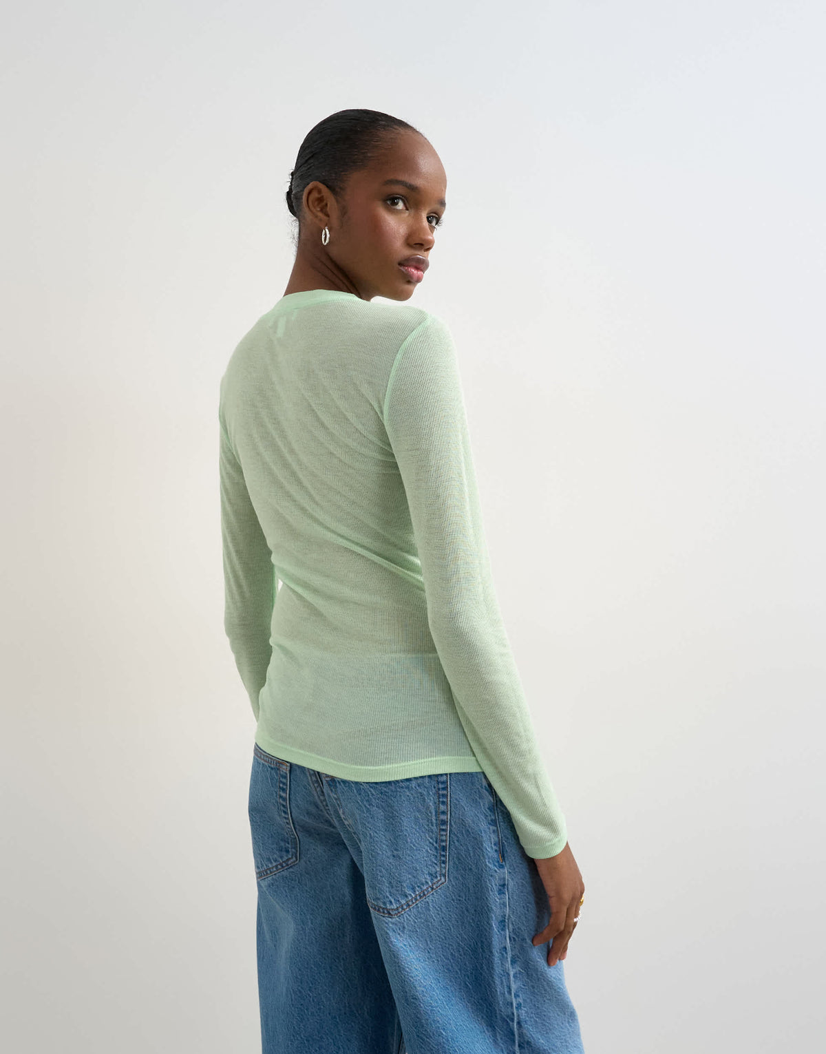 Topshop premium sheer rib scoop neck long sleeve top in mint green