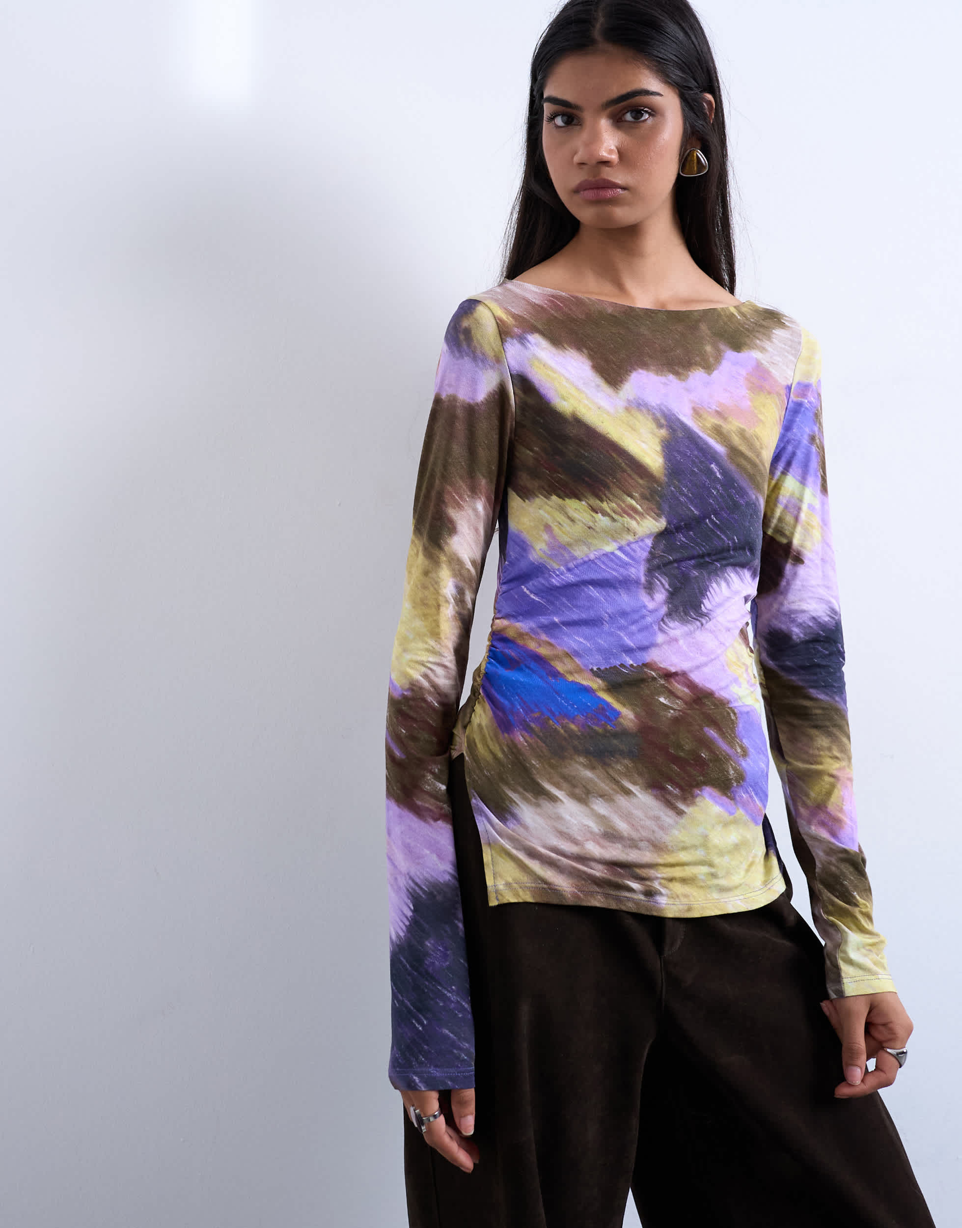 Topshop abstract print long sleeve top in purple