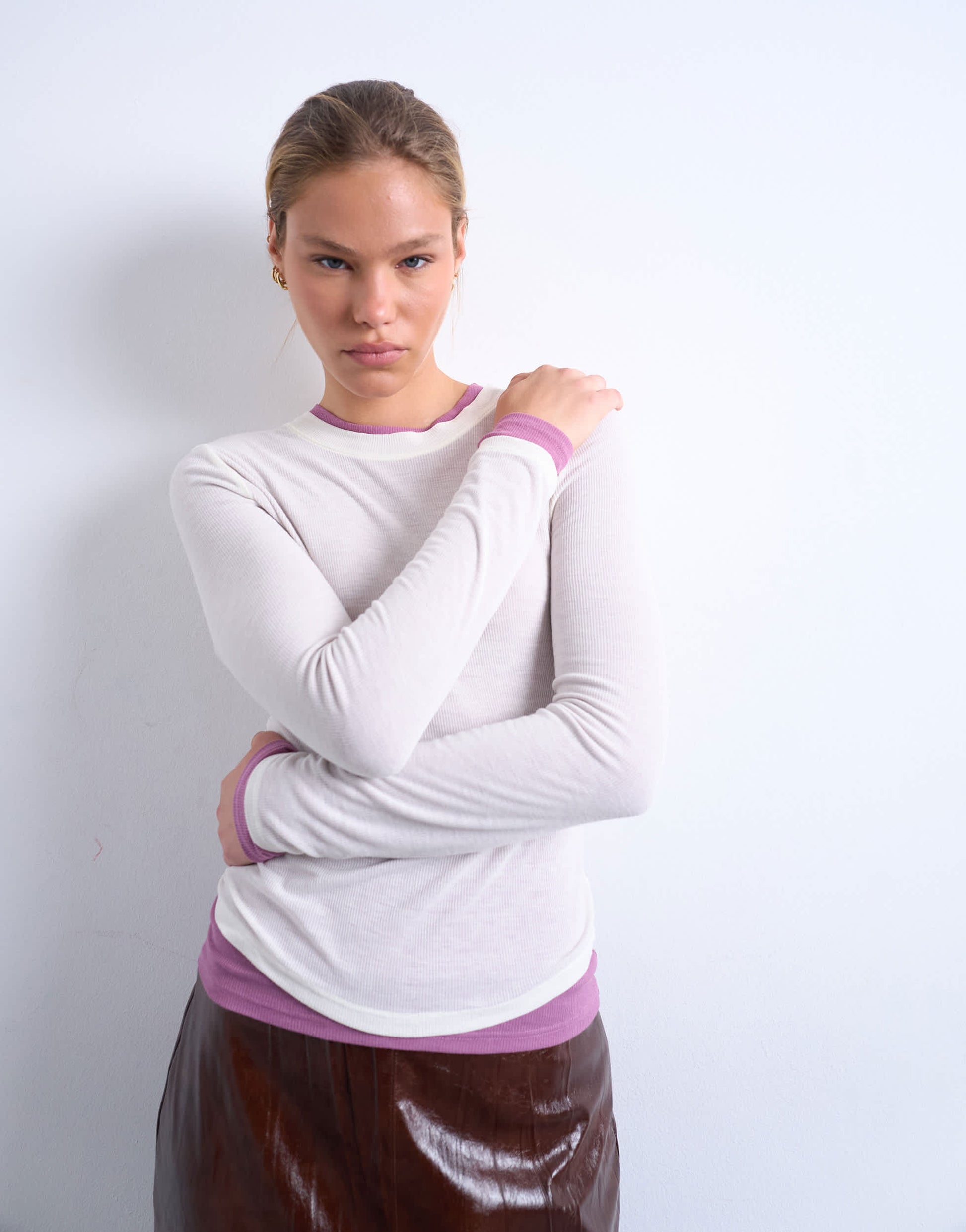 Topshop premium sheer rib double layer long sleeve top in cream and pink