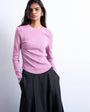Topshop rib long sleeve curved hem top in pink
