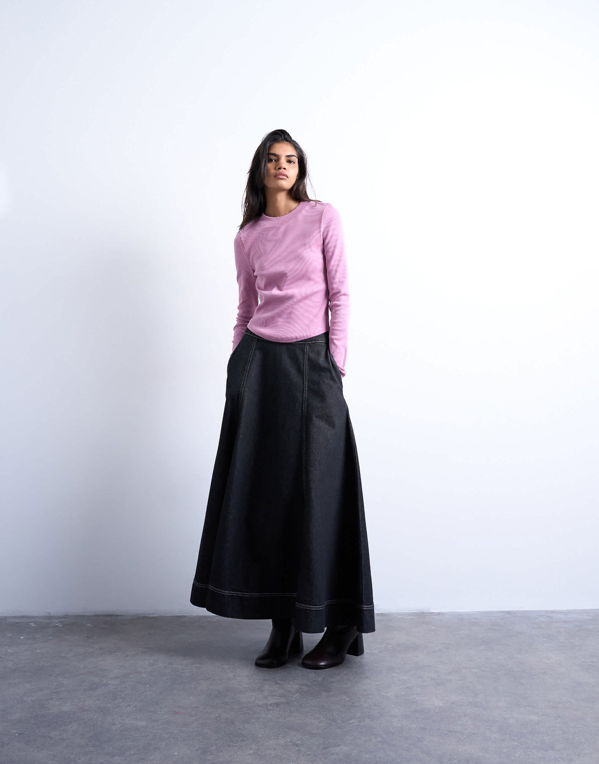Topshop rib long sleeve curved hem top in pink