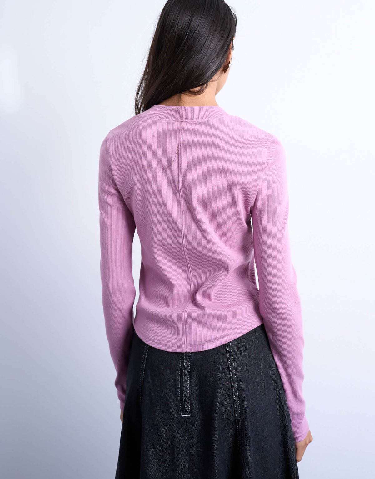 Topshop rib long sleeve curved hem top in pink